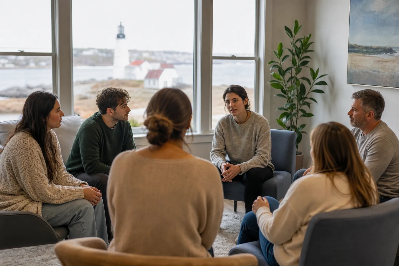 Group Discussion in a Bright Coastal Counseling Room Six adults sit in a circle for a group discussion in a bright room with large windows overlooking water and a lighthouse.