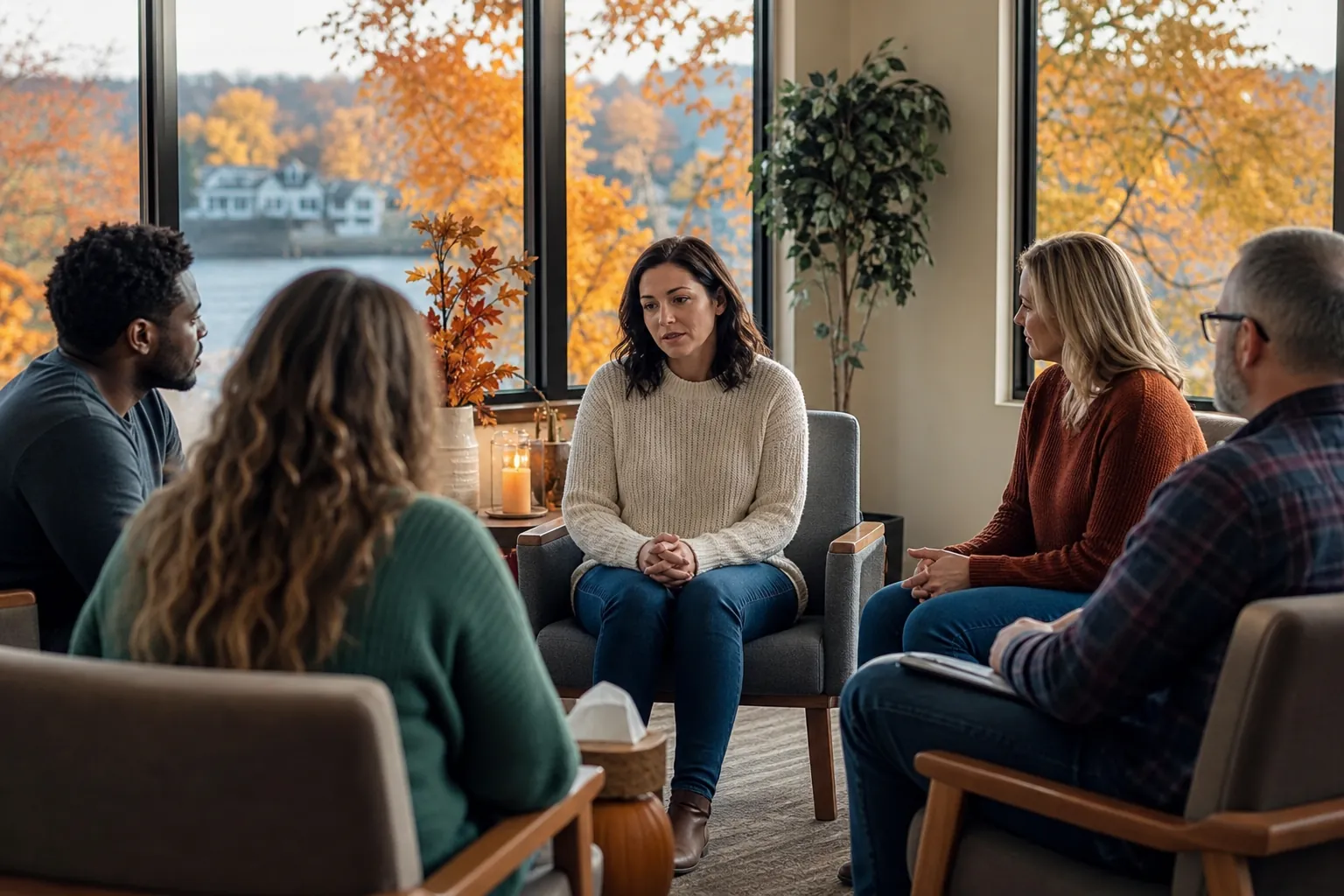Five adults sit in a discussion circle in a cozy room with tissues and large windows overlooking water and autumn foliage.