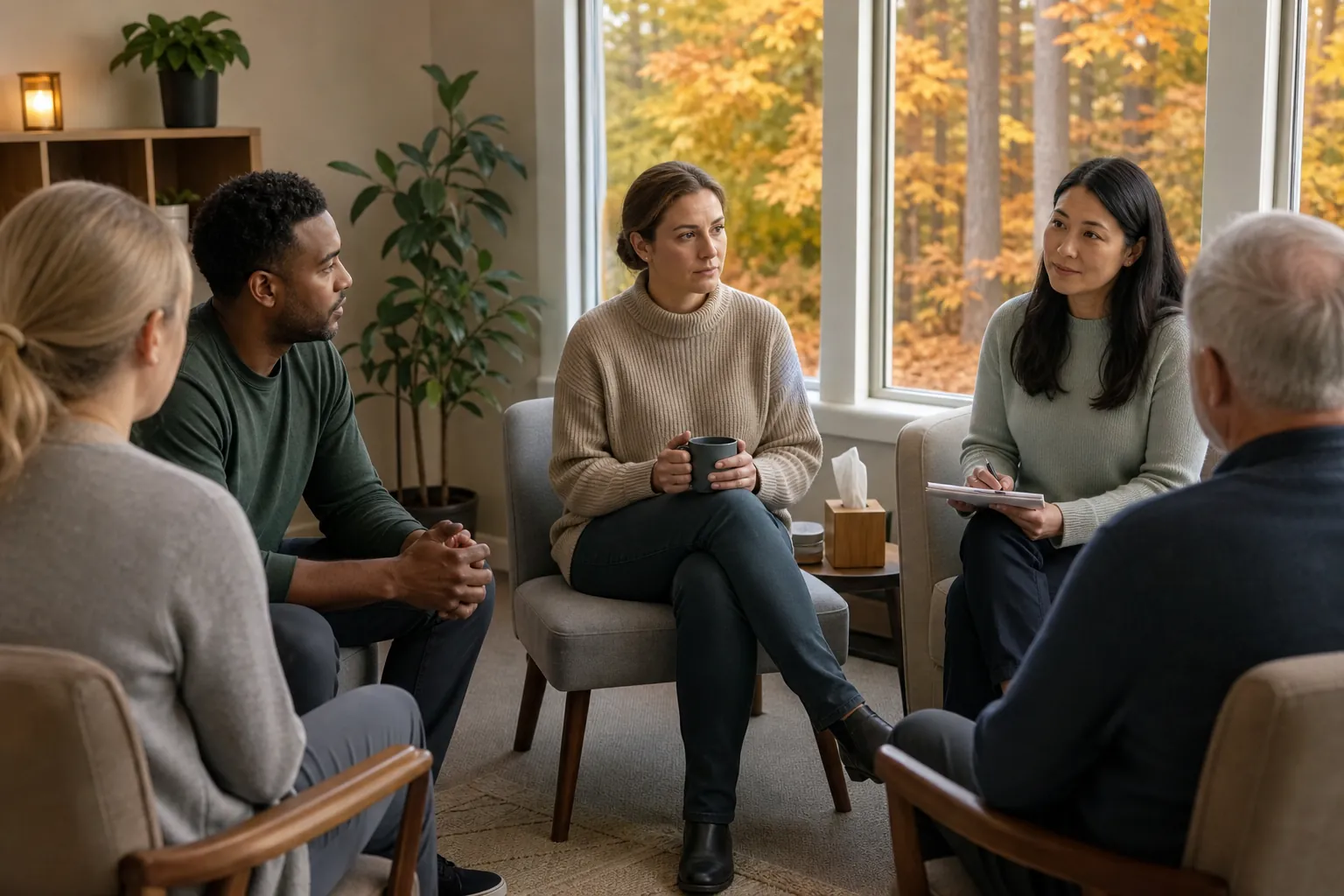 Five adults sit in a support group near windows overlooking autumn trees, with one holding a mug and another taking notes.