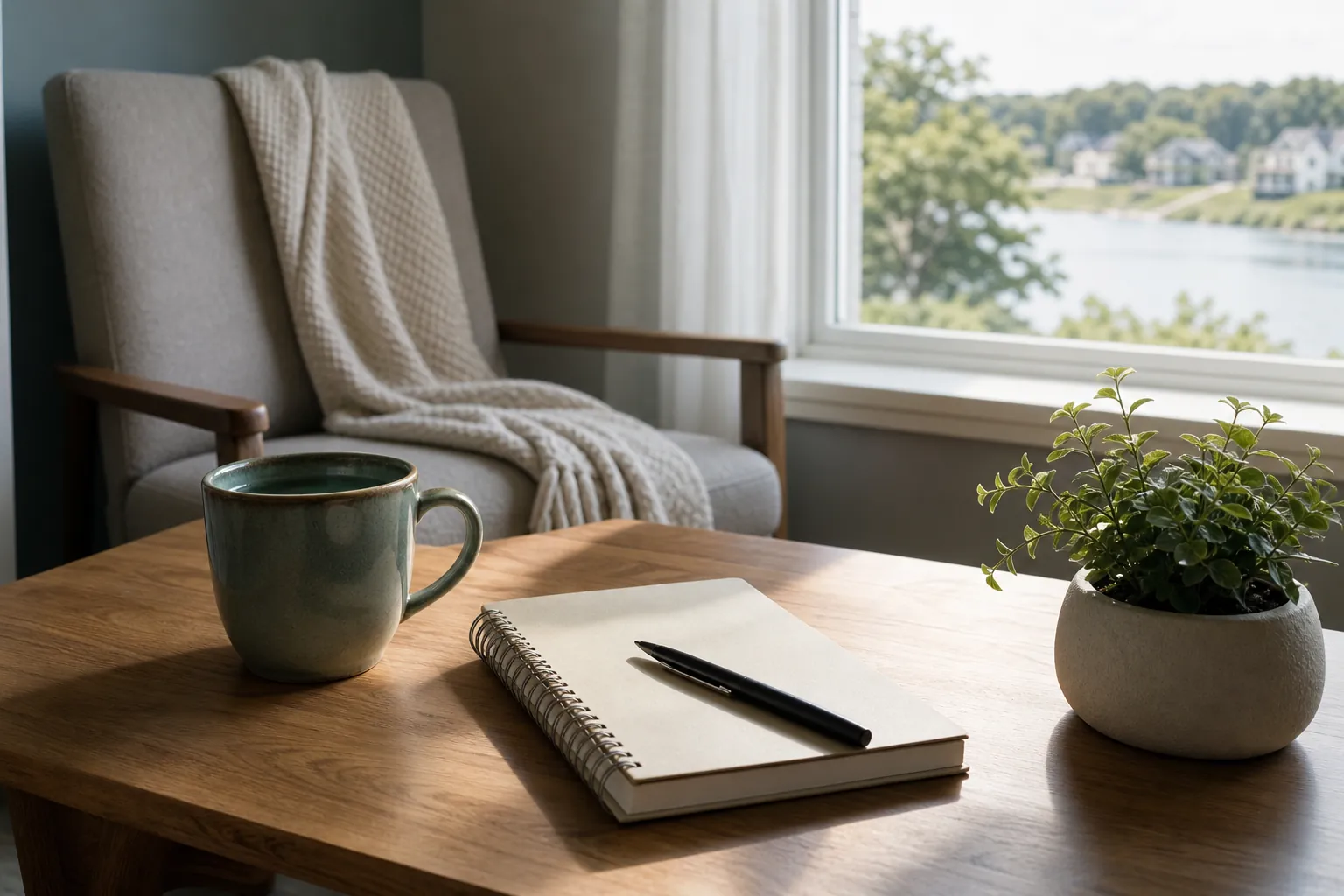 A blank spiral notebook and black pen, green mug and potted plant on a wooden table, with an armchair and draped blanket beside a window.