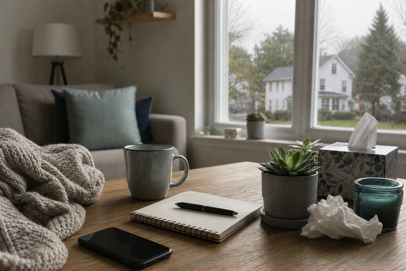A wooden table holds a blank notebook and pen, phone, mug, potted succulent, tissue box, crumpled tissues and glass candle beside a knitted blanket, with a sofa and window behind.