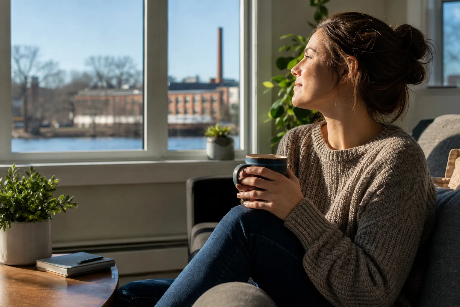 A woman in a knit sweater holds a mug on a sofa beside a sunny window overlooking water and brick buildings.