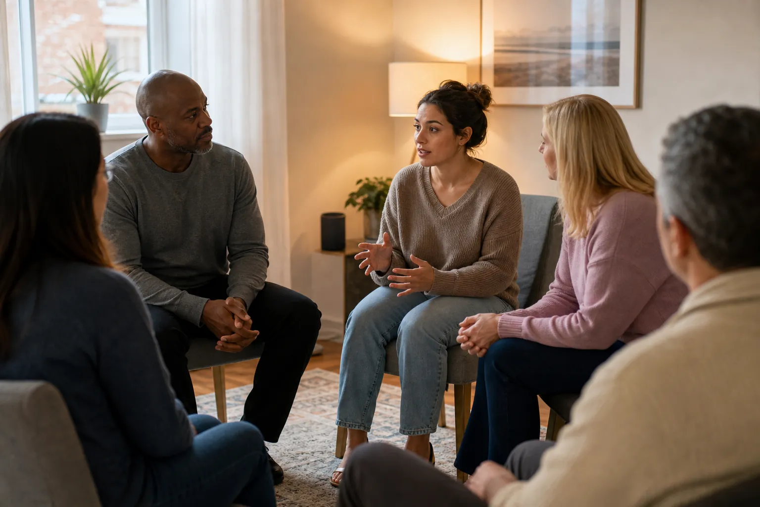 Five adults sit in a circle in a warmly lit room, listening as a woman gestures during a mental health group discussion.