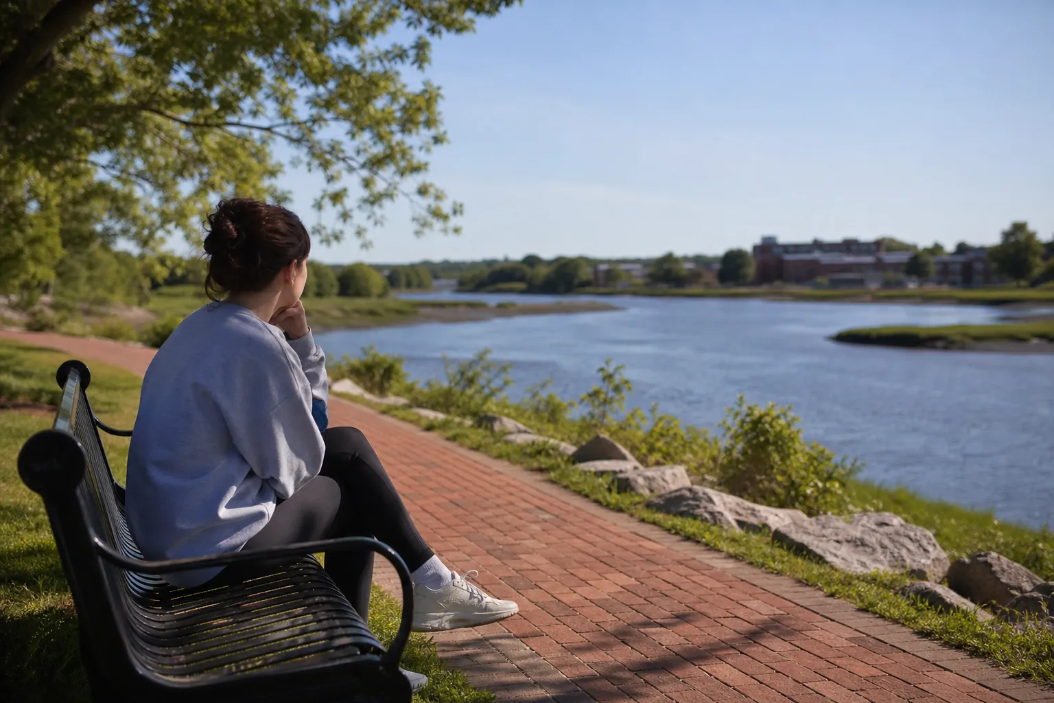 Woman Sitting Quietly on a Riverside Bench (detail 2) A woman sits alone on a black bench beside a brick riverside path, resting her hand near her chin and looking across the water.