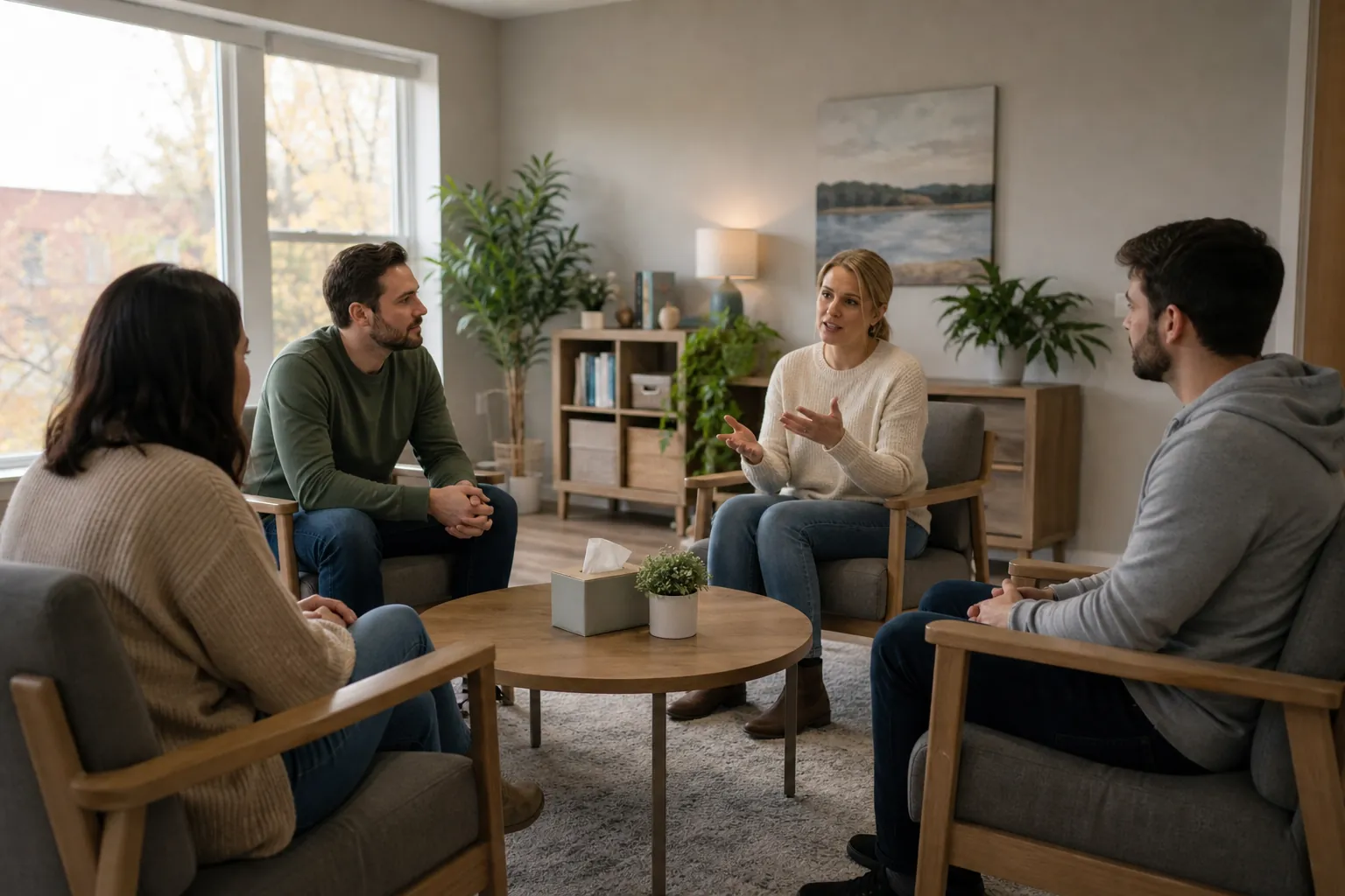 Group Discussion in a Mental Health Counseling Room (detail 1) Four adults sit in a circle in a bright counseling room, with one woman gesturing during a group discussion.
