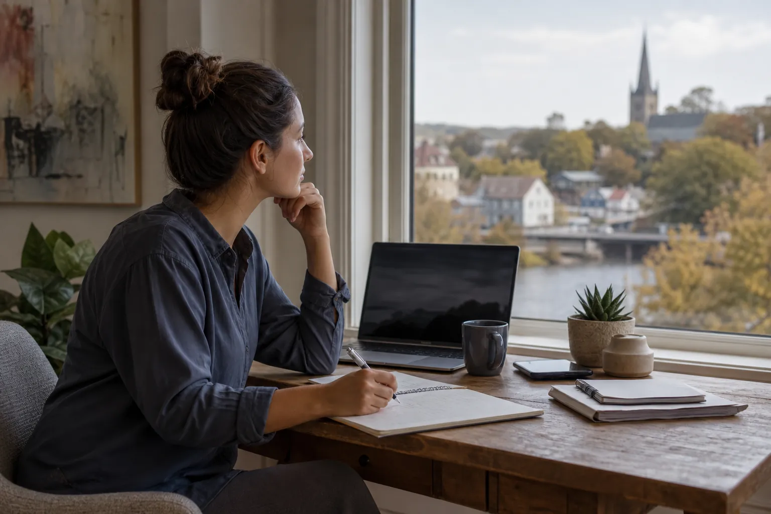 Woman Reflecting at a Desk Overlooking a Riverside Town A woman holds a pen over a notebook beside a laptop, gazing through a window at a riverside town and church steeple.