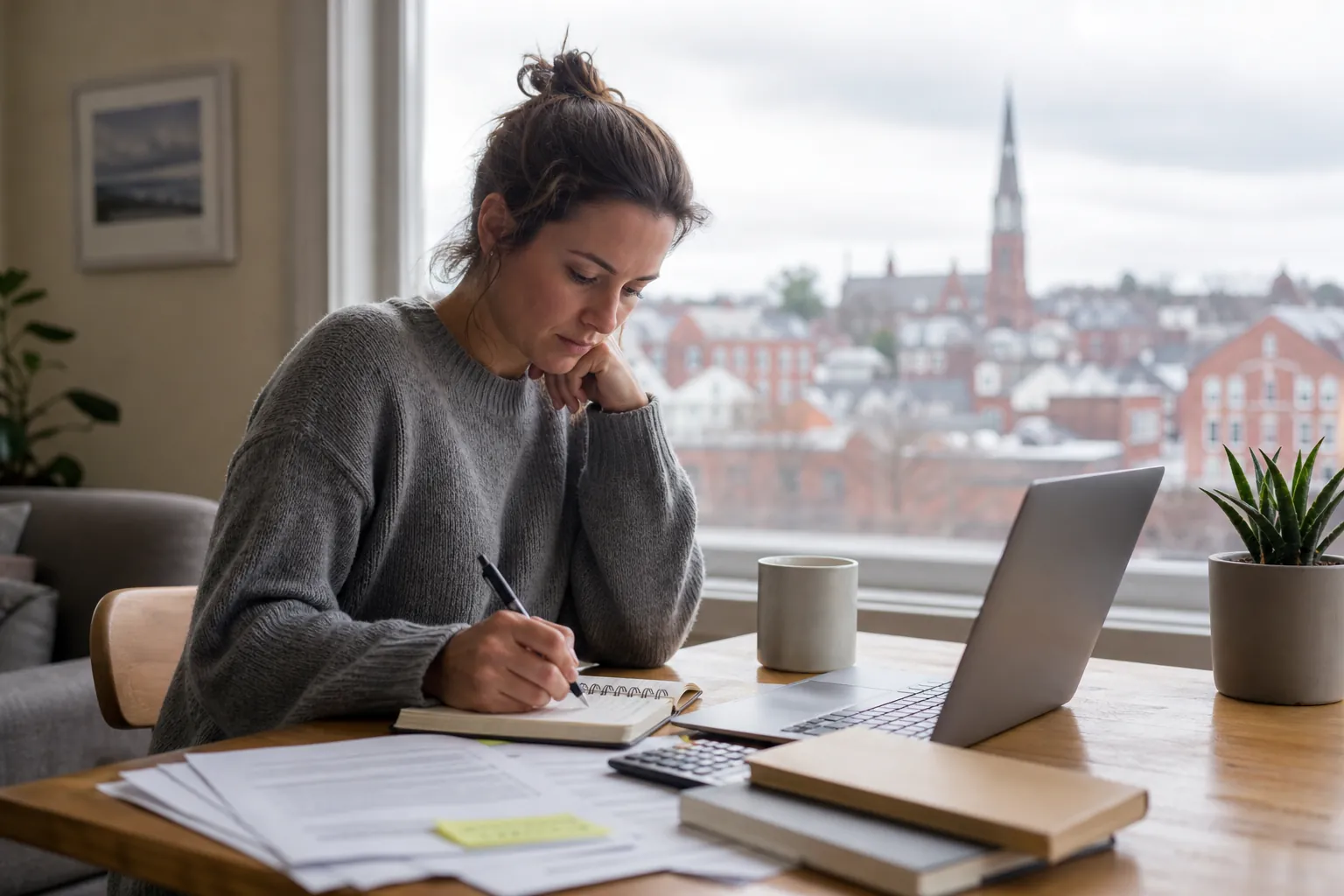 Woman Reviewing Paperwork Beside a Laptop A woman writes in a notebook beside a laptop, calculator and scattered papers at a wooden table overlooking a town.
