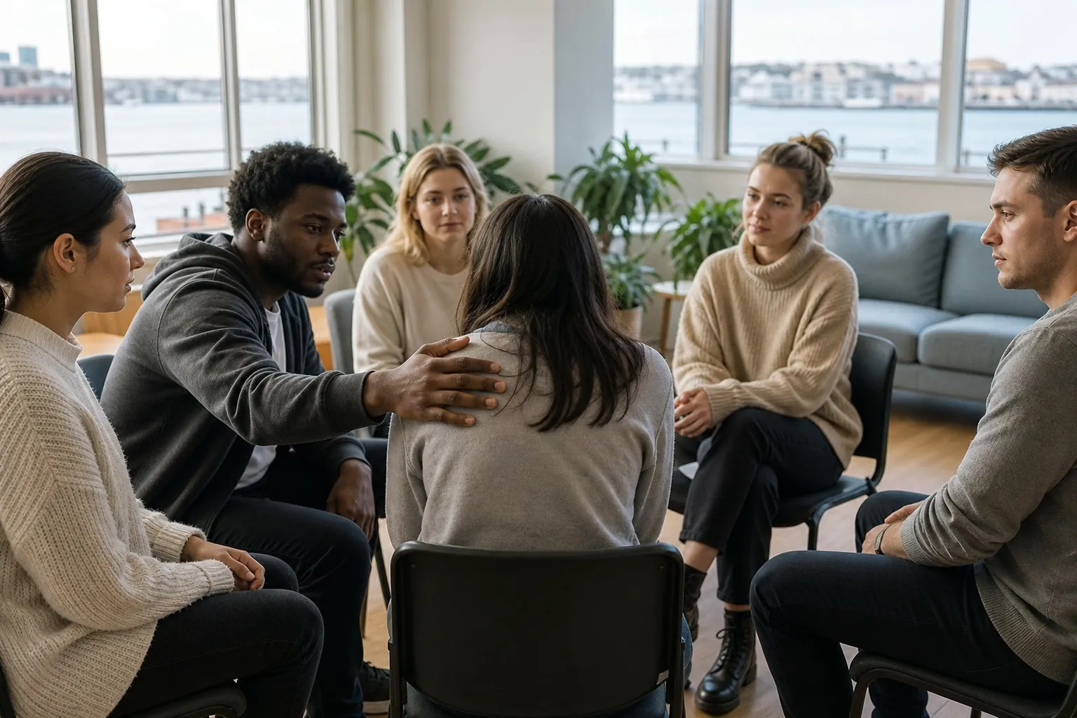 Supportive Connection in a Group Discussion Six adults sit in a circle in a bright room as a man rests a supportive hand on the shoulder of the woman beside him.
