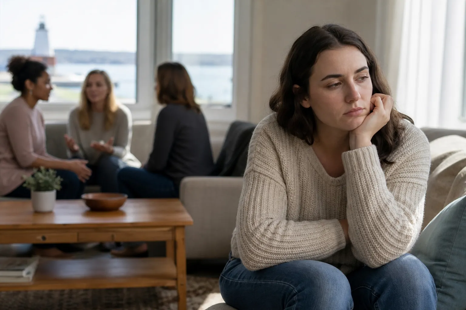 Pensive Woman Apart From a Group Conversation A pensive woman rests her cheek on her hand on a sofa while three women converse behind her in a bright sitting room.