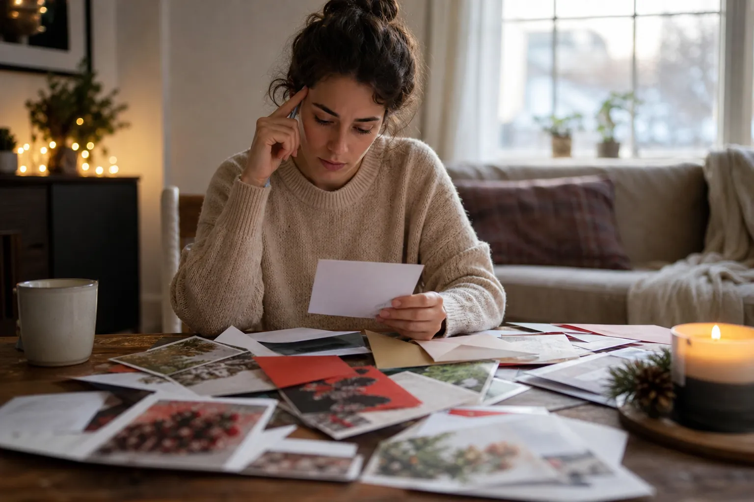 A woman holds a card with one hand at her temple, seated at a table covered with holiday cards beside a mug and candle.