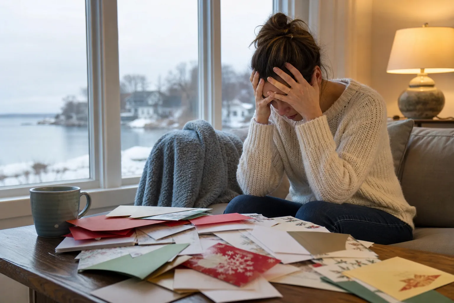 A woman holds her head in both hands on a sofa beside a table covered with holiday cards and envelopes, with snow outside.