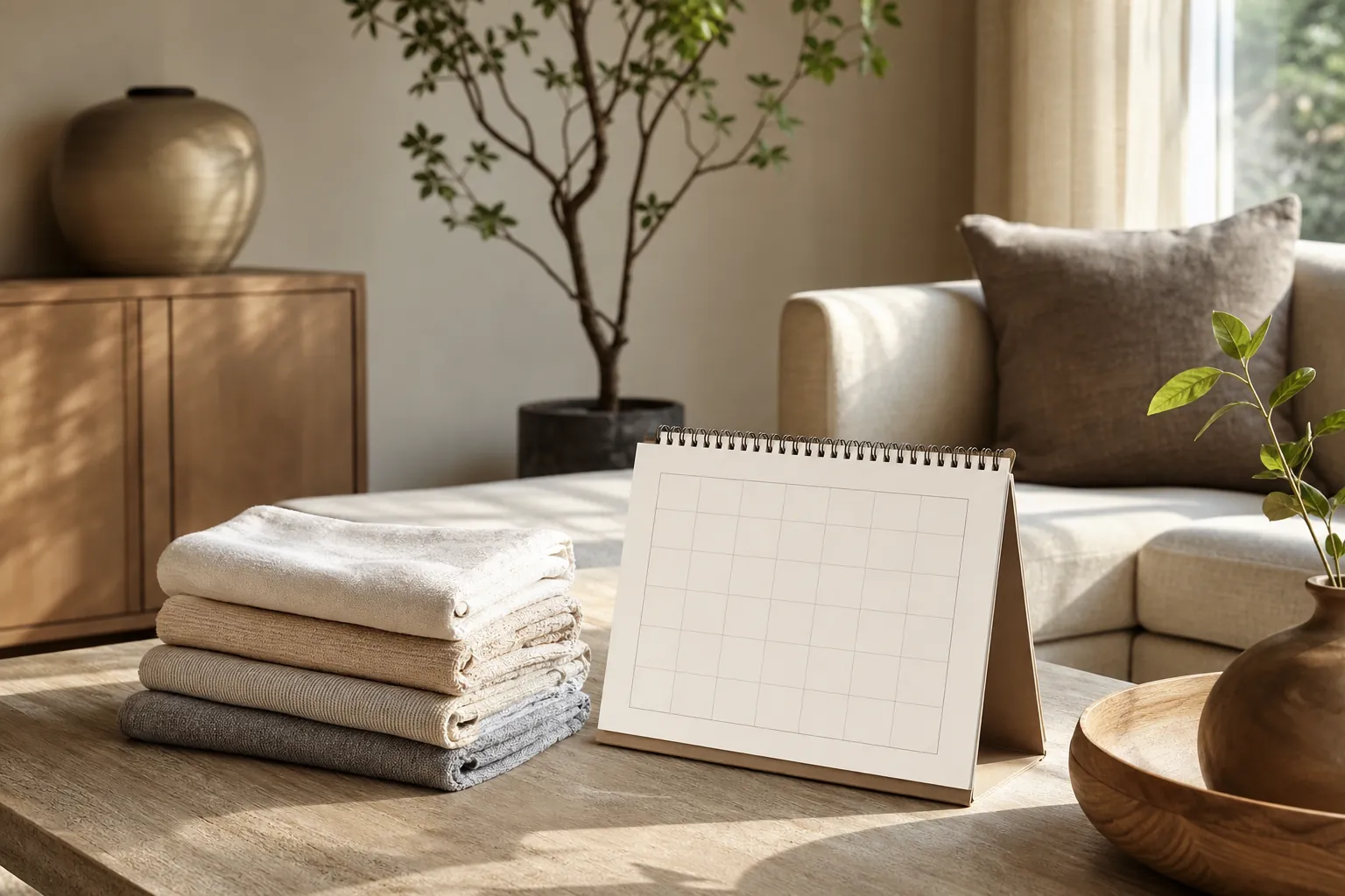 Folded Towels and Blank Calendar in a Living Room Folded towels and a blank standing calendar sit on a wooden coffee table in a sunlit living room with a sofa and plants.