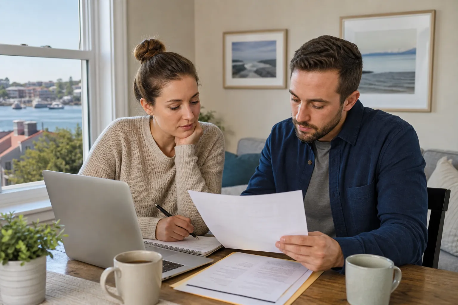Couple Reviewing Insurance and Cost Paperwork A couple reviews paperwork beside a laptop and notebook at a dining table, with coffee mugs nearby.
