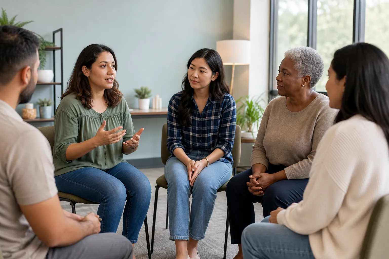 Diverse Adults in a Support Group Discussion Five adults sit in a circle in a bright room, listening as a woman in a green blouse speaks and gestures.
