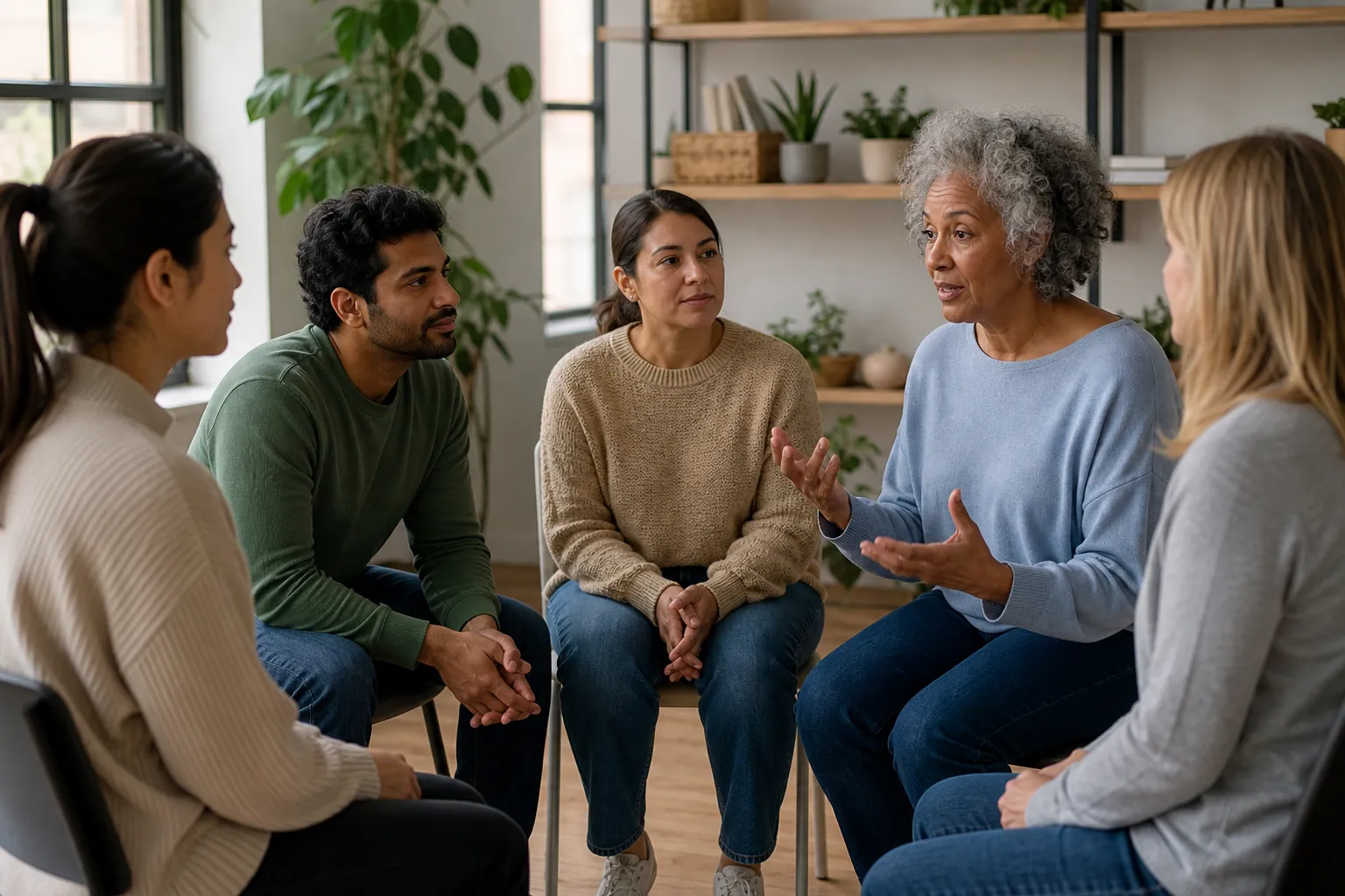 Small Group Discussion in a Bright Counseling Room Five adults sit in a circle in a bright room, listening as a gray-haired woman gestures during a group discussion.
