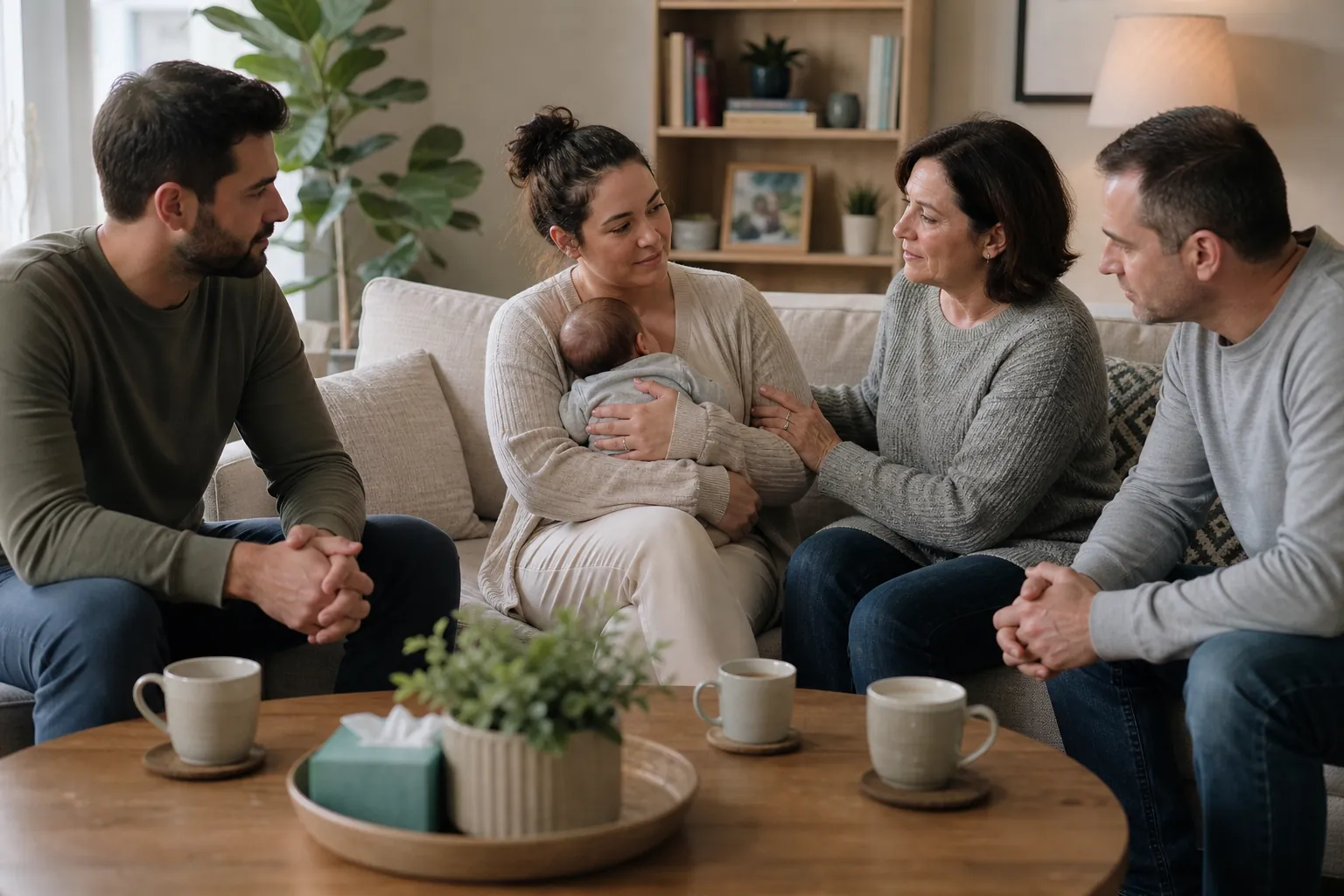 A woman holds an infant while three other adults sit nearby, one with a hand on her arm.