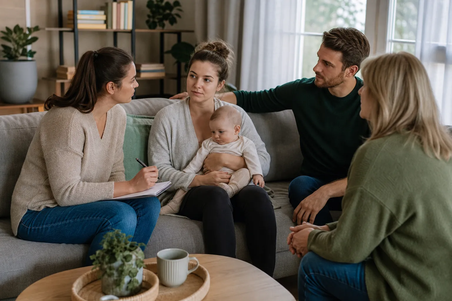 Four adults sit together while one woman holds an infant and another holds a notebook and pen.