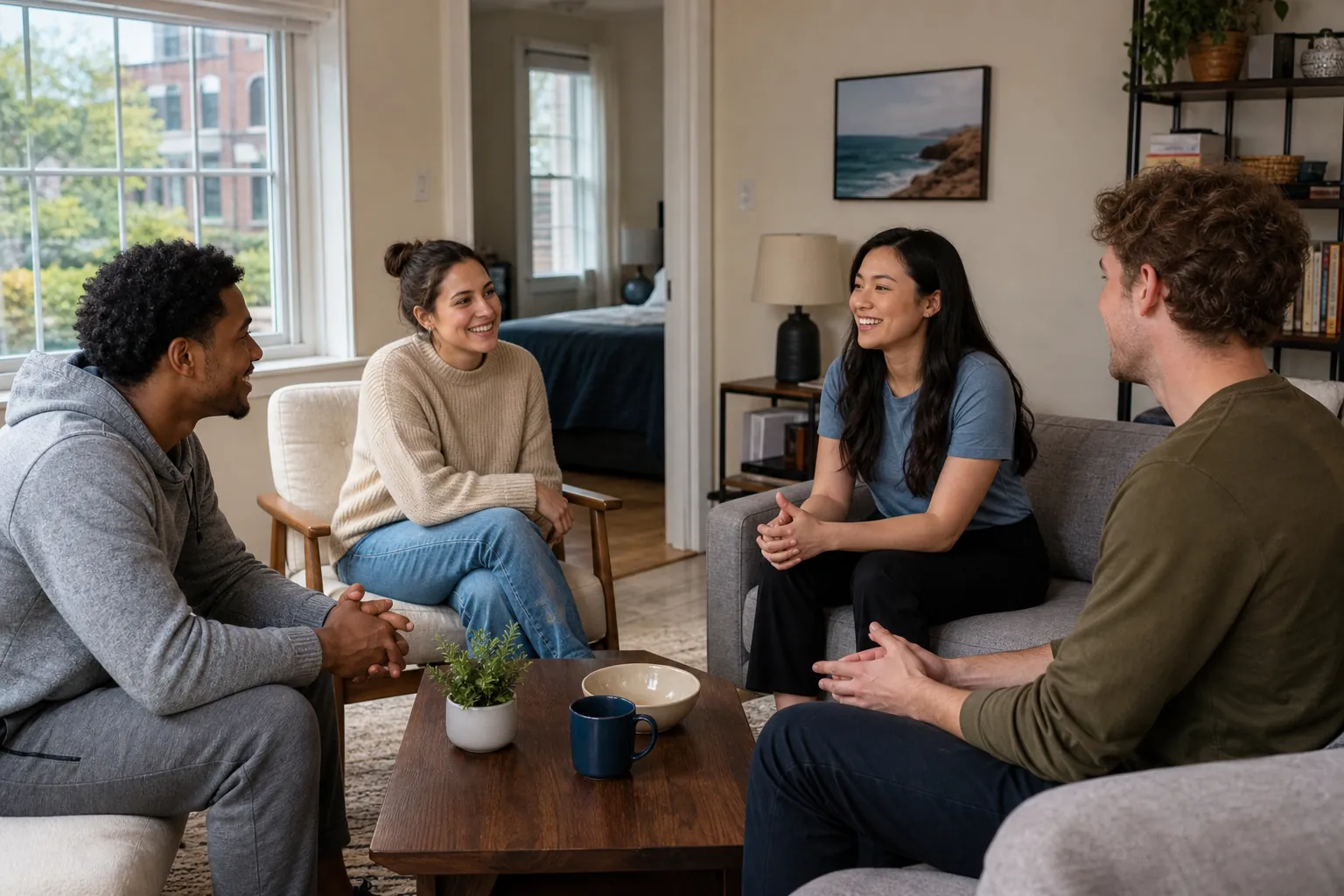 Four Adults Talking Together in a Shared Living Room Four adults sit facing one another in a bright living room, smiling and talking around a coffee table with a mug and plant.