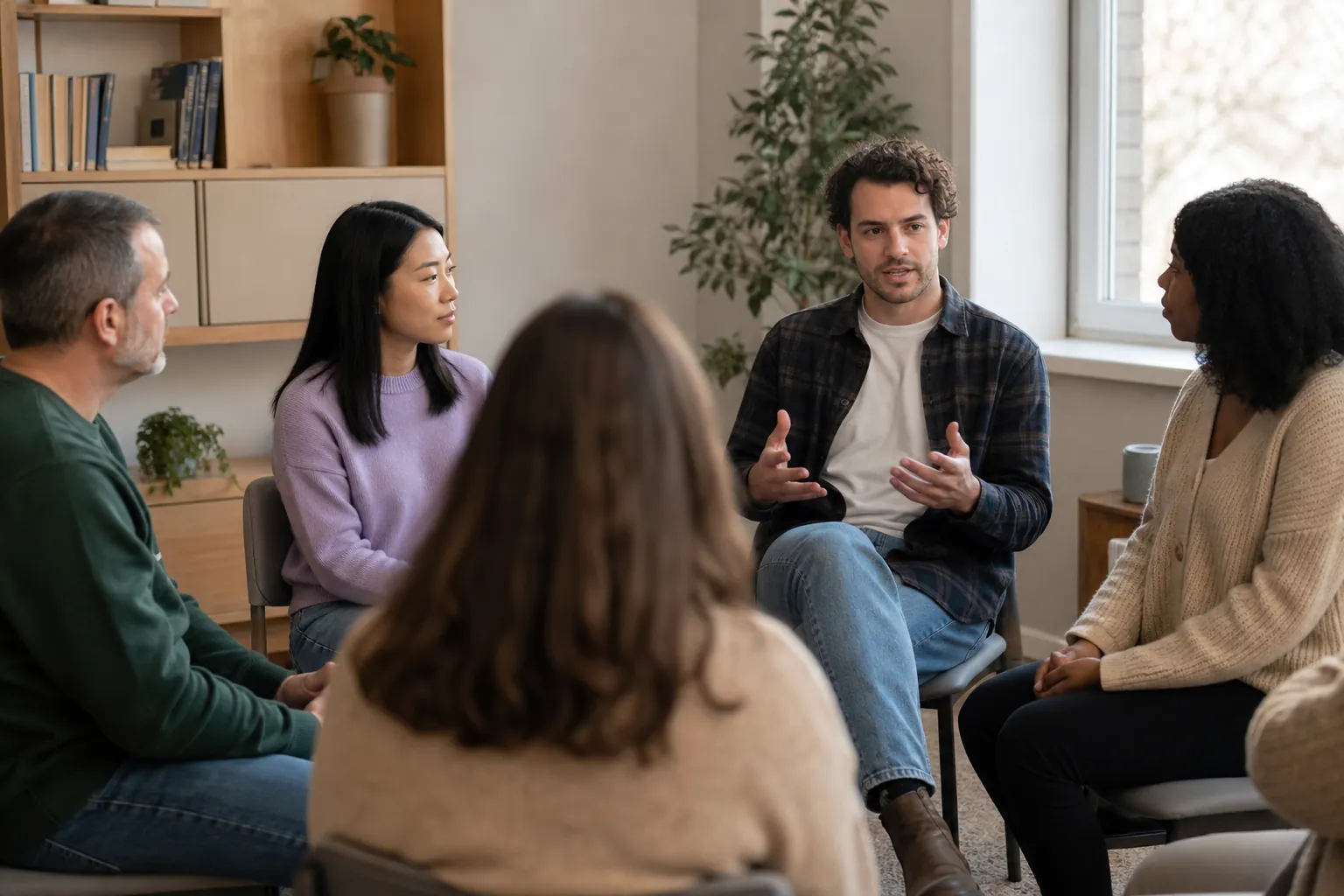 Adults sit in a circle in a bright room while a man gestures with both hands during a group discussion.