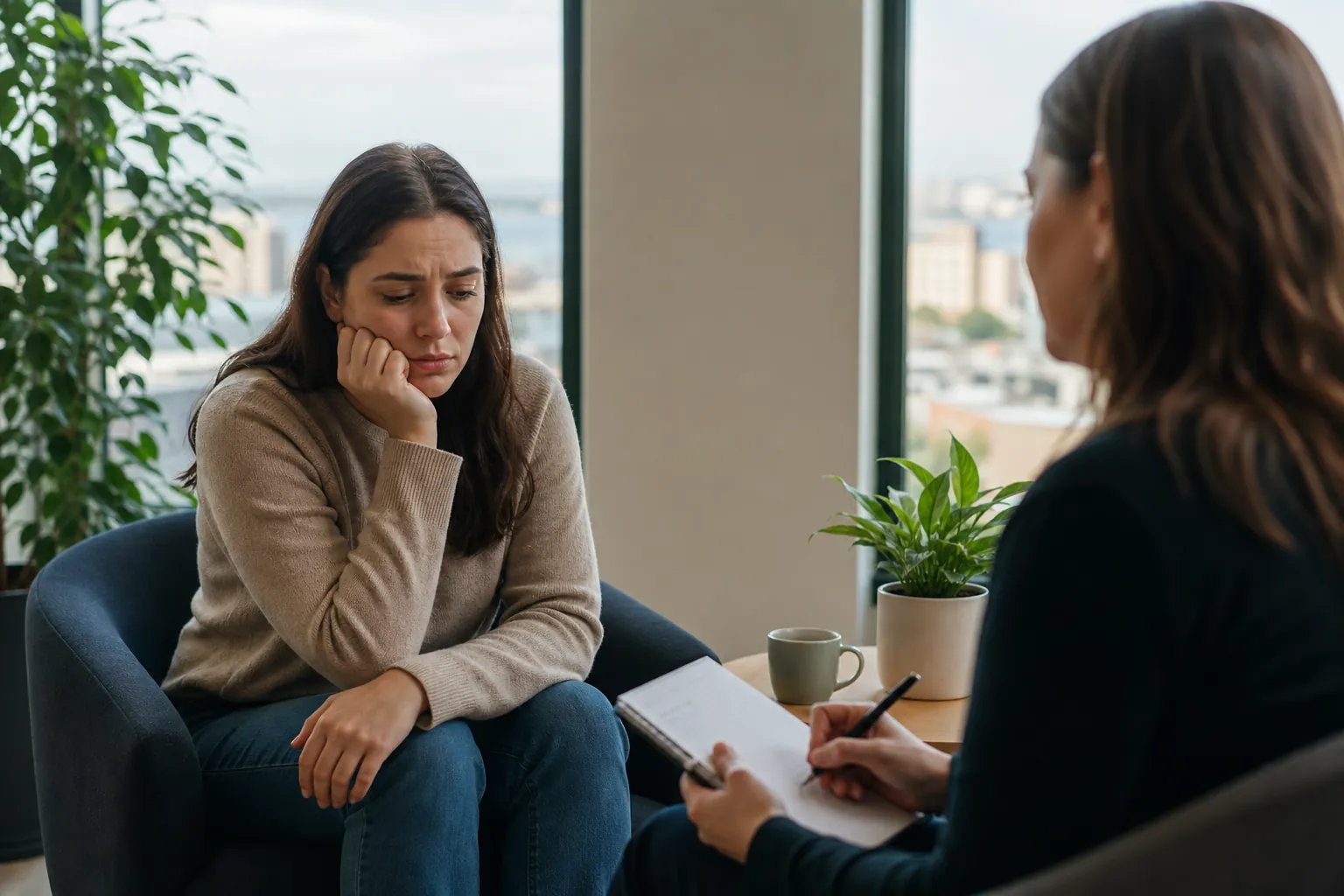 A worried woman rests her cheek on her hand while another woman holds a pen and clipboard in a bright room with plants.