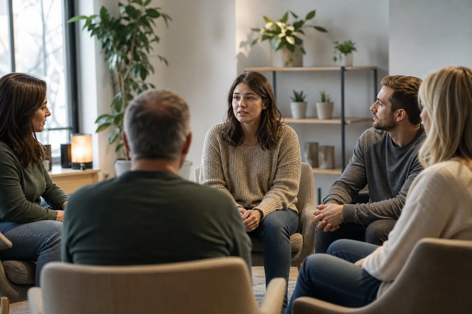 Five adults sit in a circle in a bright room with plants, listening to a woman in a beige sweater during a group discussion.