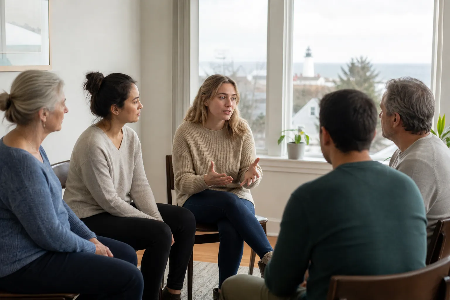 Five adults sit in a circle in a bright room as a woman in a beige sweater gestures during a group discussion.