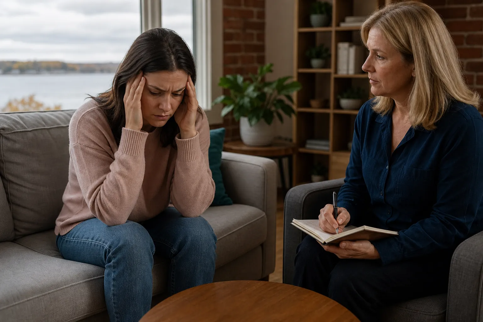 Distressed Woman Talking With a Notebook-Holding Counselor A distressed woman holds her temples on a sofa while another woman sits opposite with a pen and open notebook.