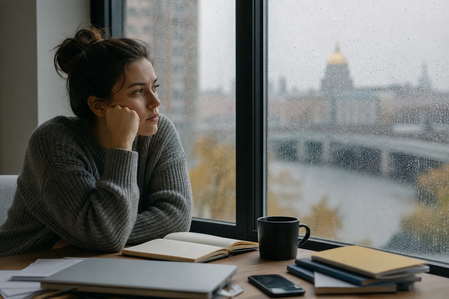 Pensive Woman at a Desk Beside a Rainy Window A woman in a gray sweater rests her cheek on her fist, gazing through a rainy window beside an open notebook and mug.