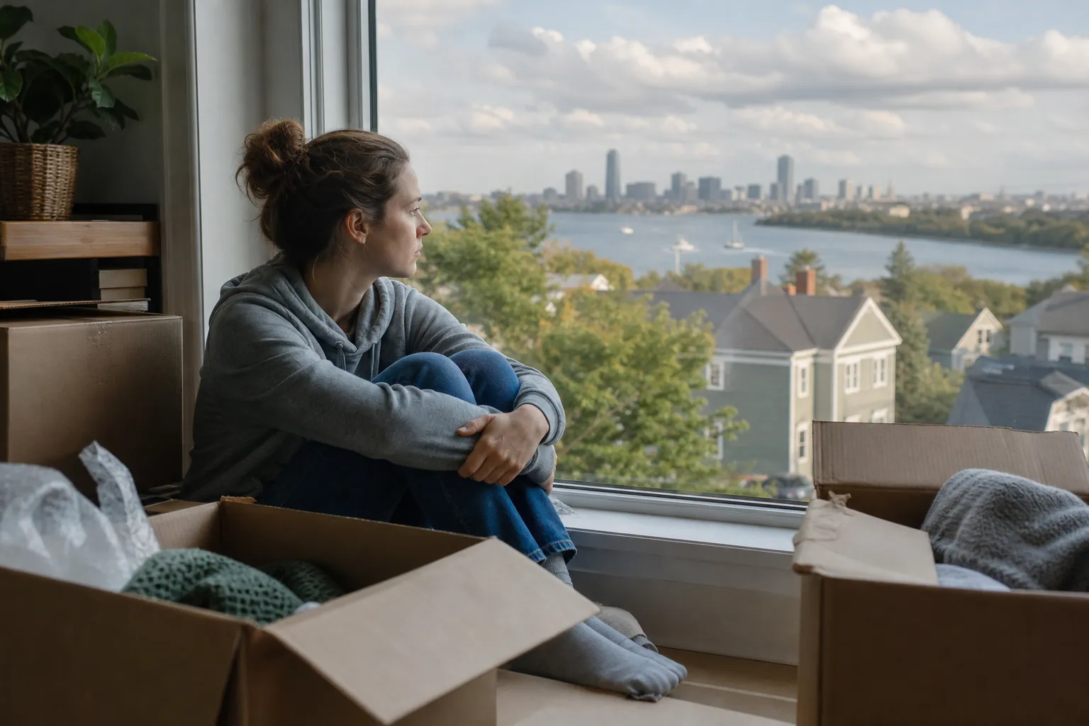Woman Beside Moving Boxes Looking Out a Window A woman sits with her knees drawn up beside moving boxes, looking through a window at houses, water and a city skyline.