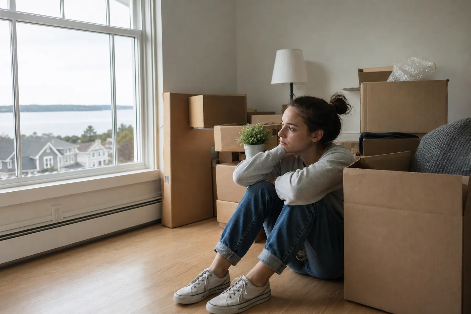 Woman Gazing Out a Window Among Moving Boxes A woman sits on a wooden floor among moving boxes, resting her chin on her hand and gazing out a window toward the water.