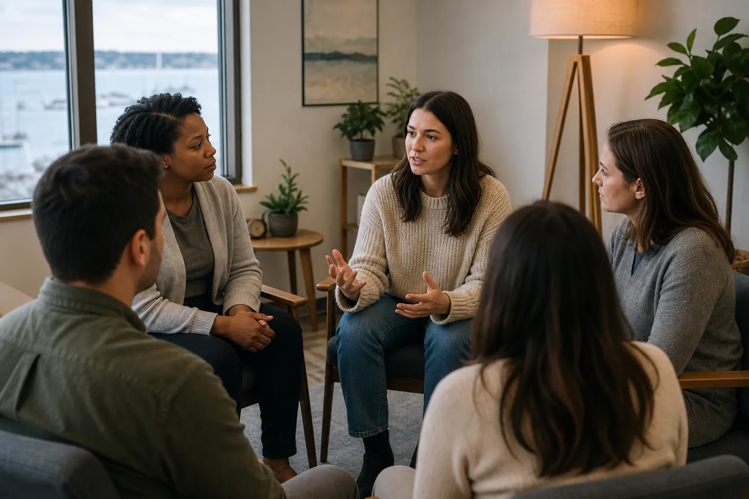 Five adults sit in a circle in a bright room, listening as a woman in a cream sweater gestures during a group discussion.