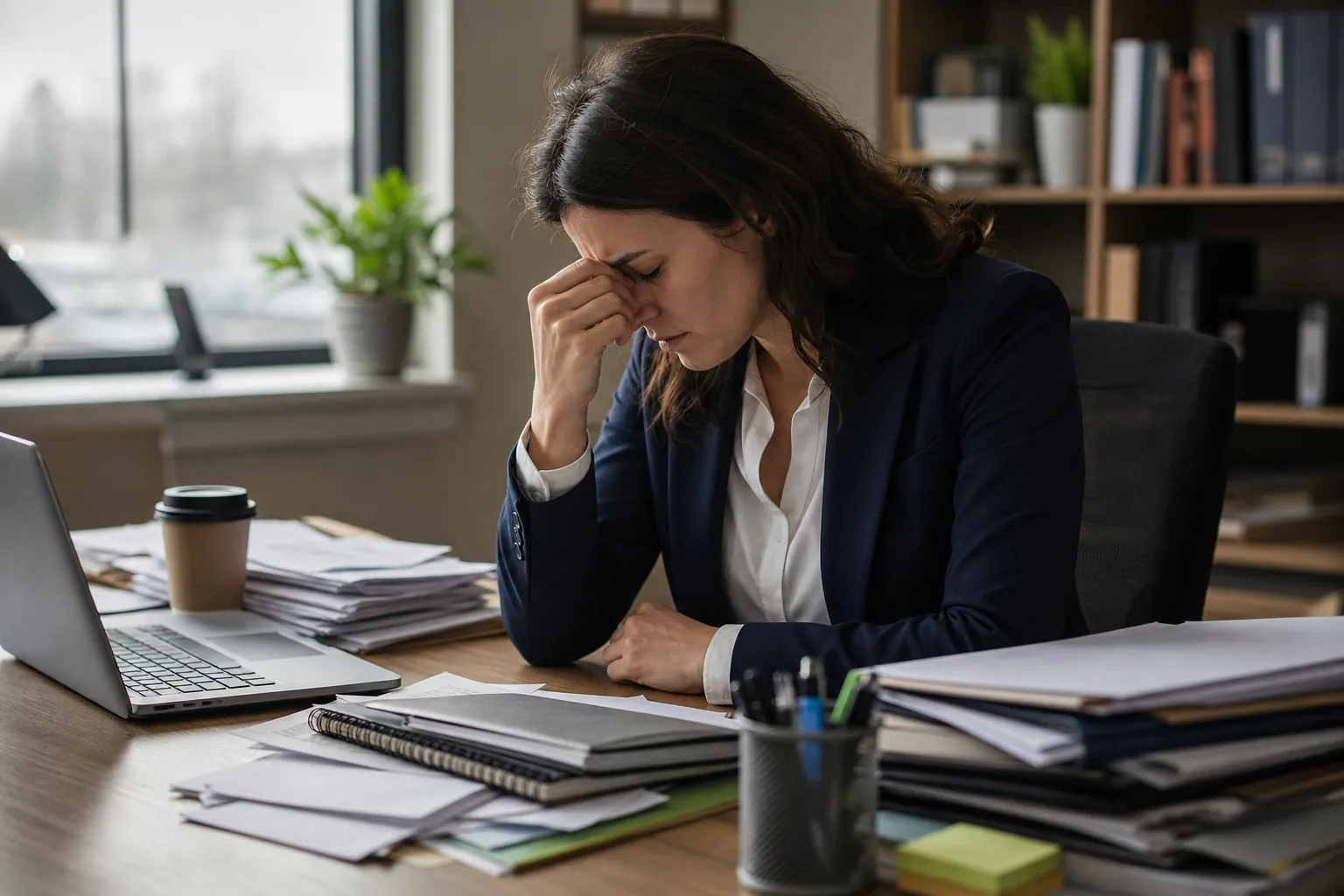 A woman in a navy blazer pinches the bridge of her nose at an office desk crowded with paperwork, notebooks, and a laptop.