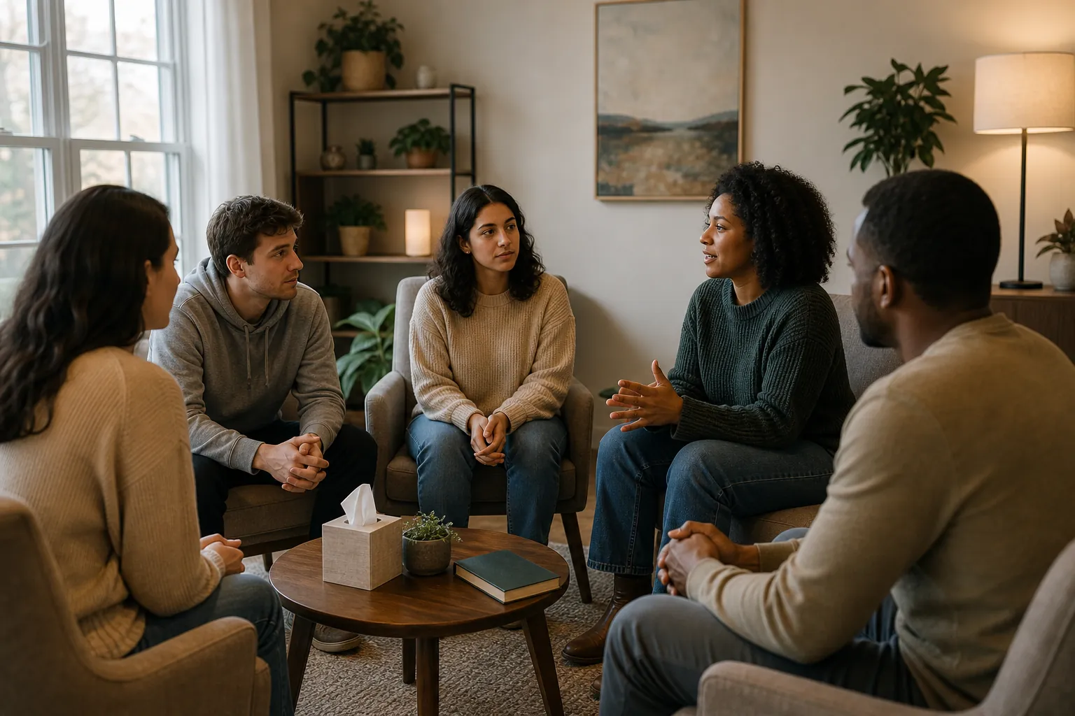 Five adults sit in a circle in a cozy room, listening to a woman speak beside a coffee table with tissues and a book.
