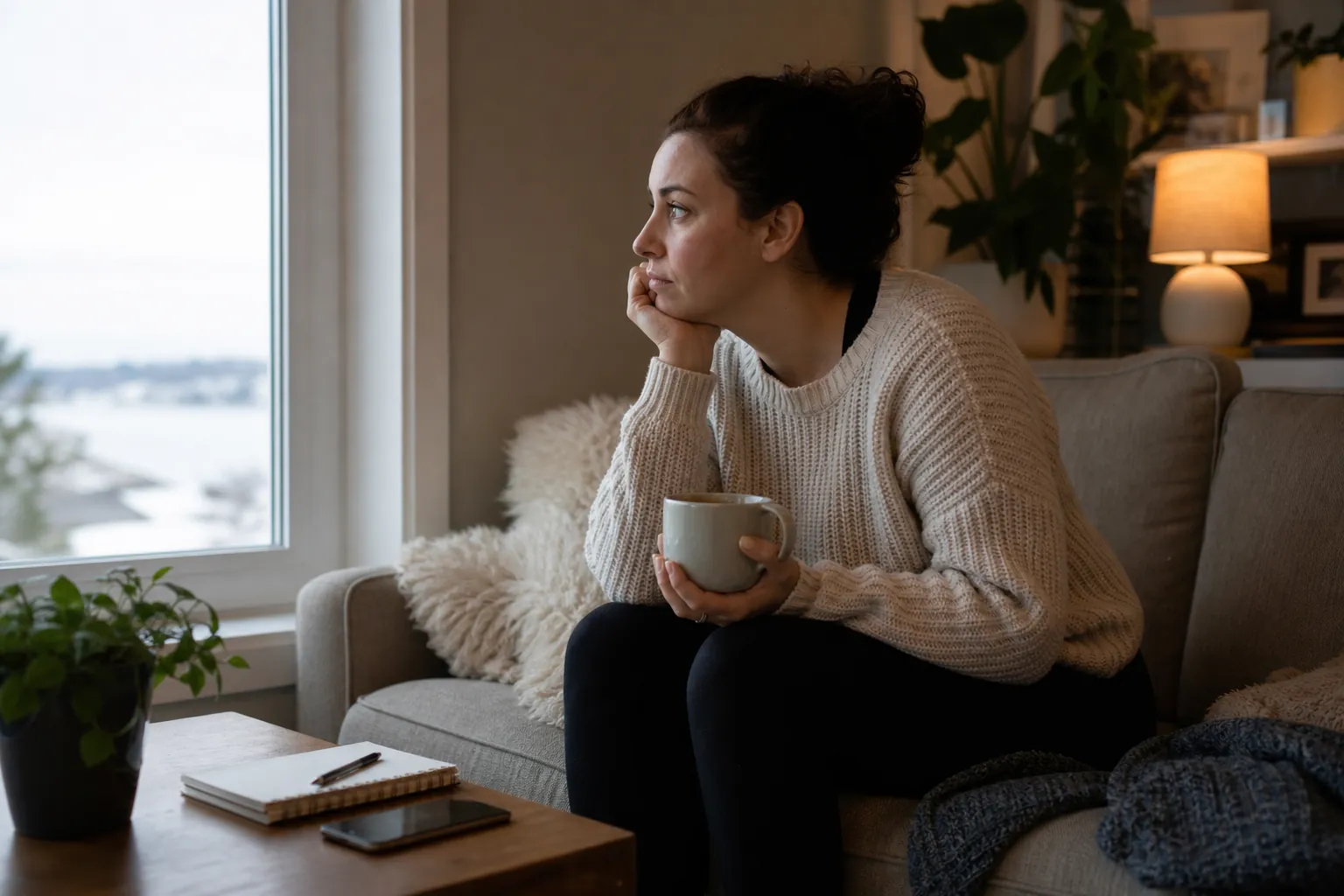 A woman sits on a sofa holding a mug and gazing out a window, with a smartphone, notebook, and pen on the coffee table.