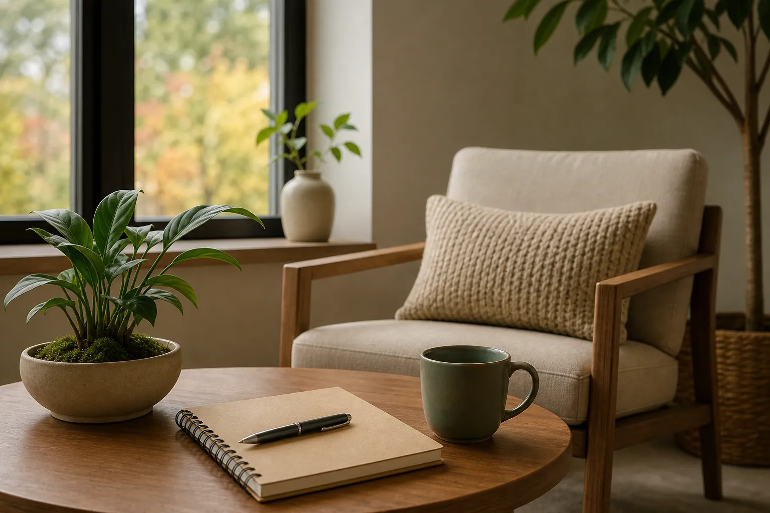 Armchair and table with notebook, mug, and plant A wooden table holds a potted plant, a blank spiral notebook with a pen, and a green mug beside a cushioned armchair and window.