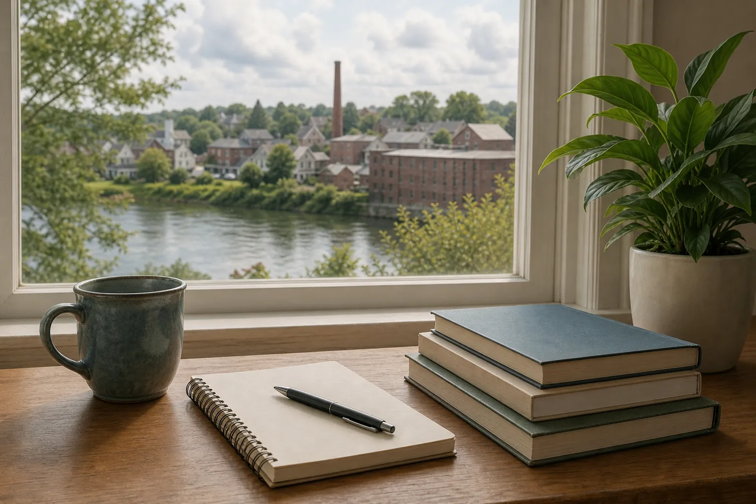 Notebook, mug and books beside a window A mug, blank spiral notebook with a pen, stacked books and a potted plant on a wooden table beside a window overlooking water and buildings.