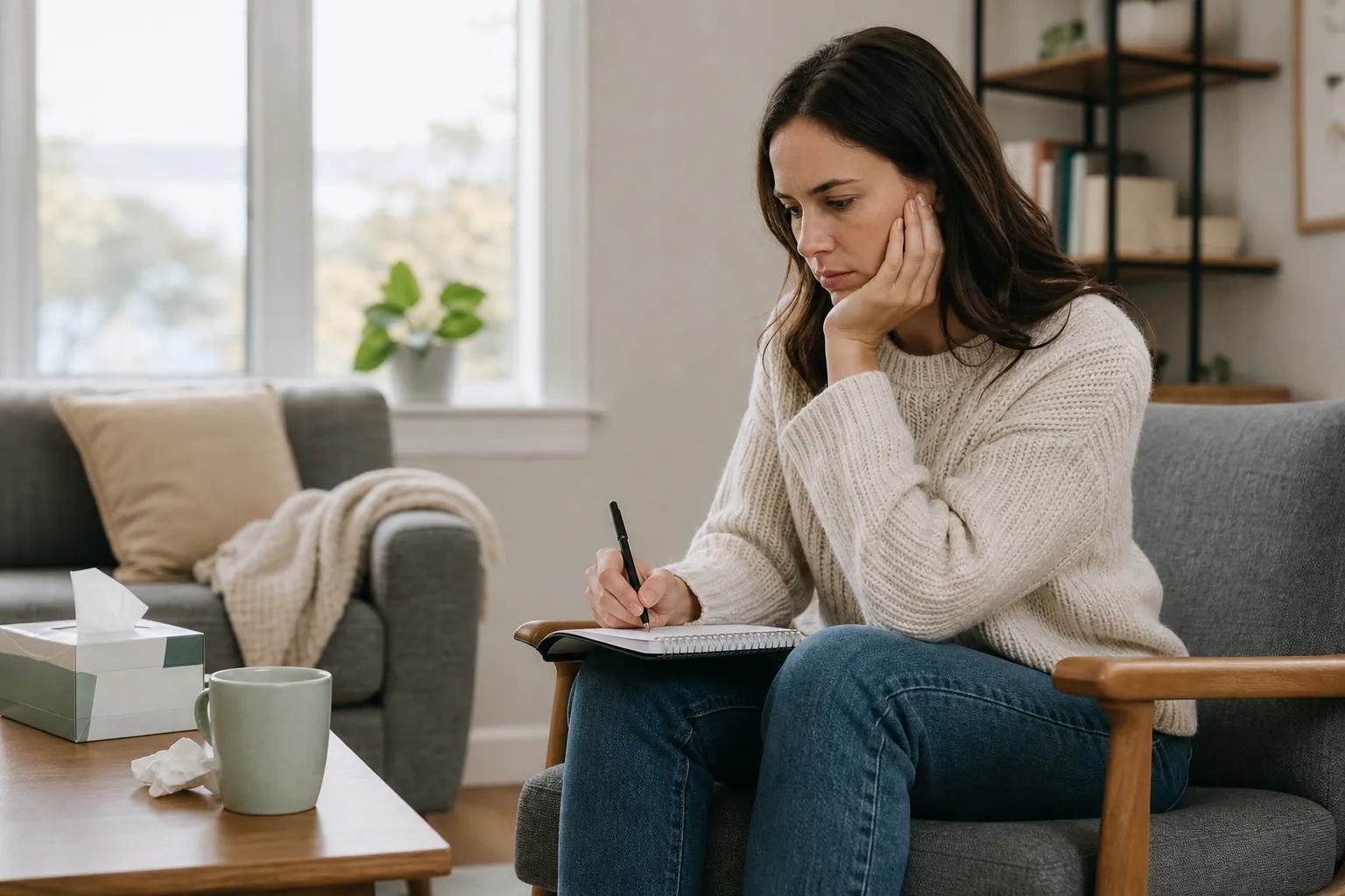 A woman sits in an armchair writing in a notebook beside tissues and a mug.
