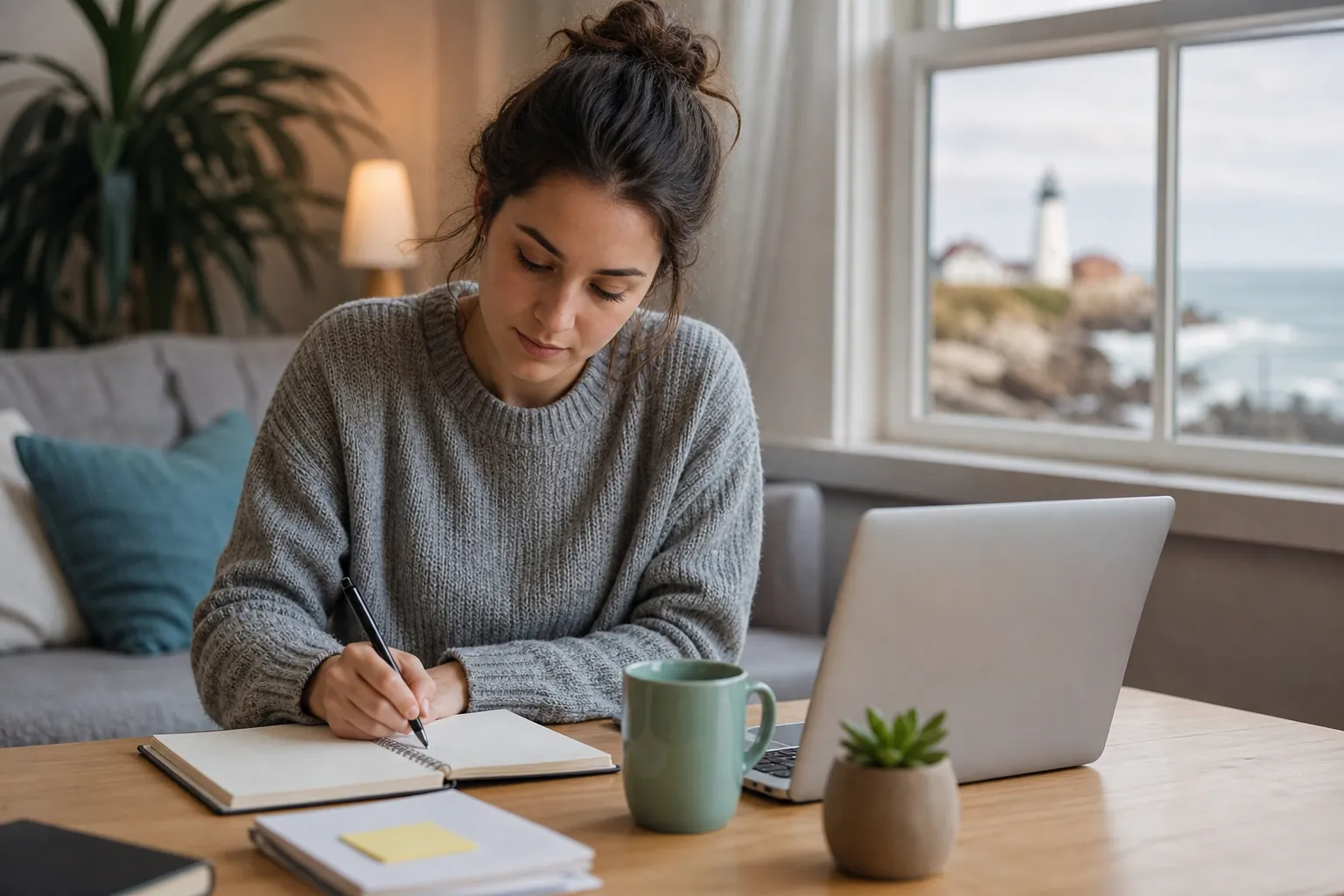 A woman writes in an open notebook beside a laptop, mug, and small potted plant.