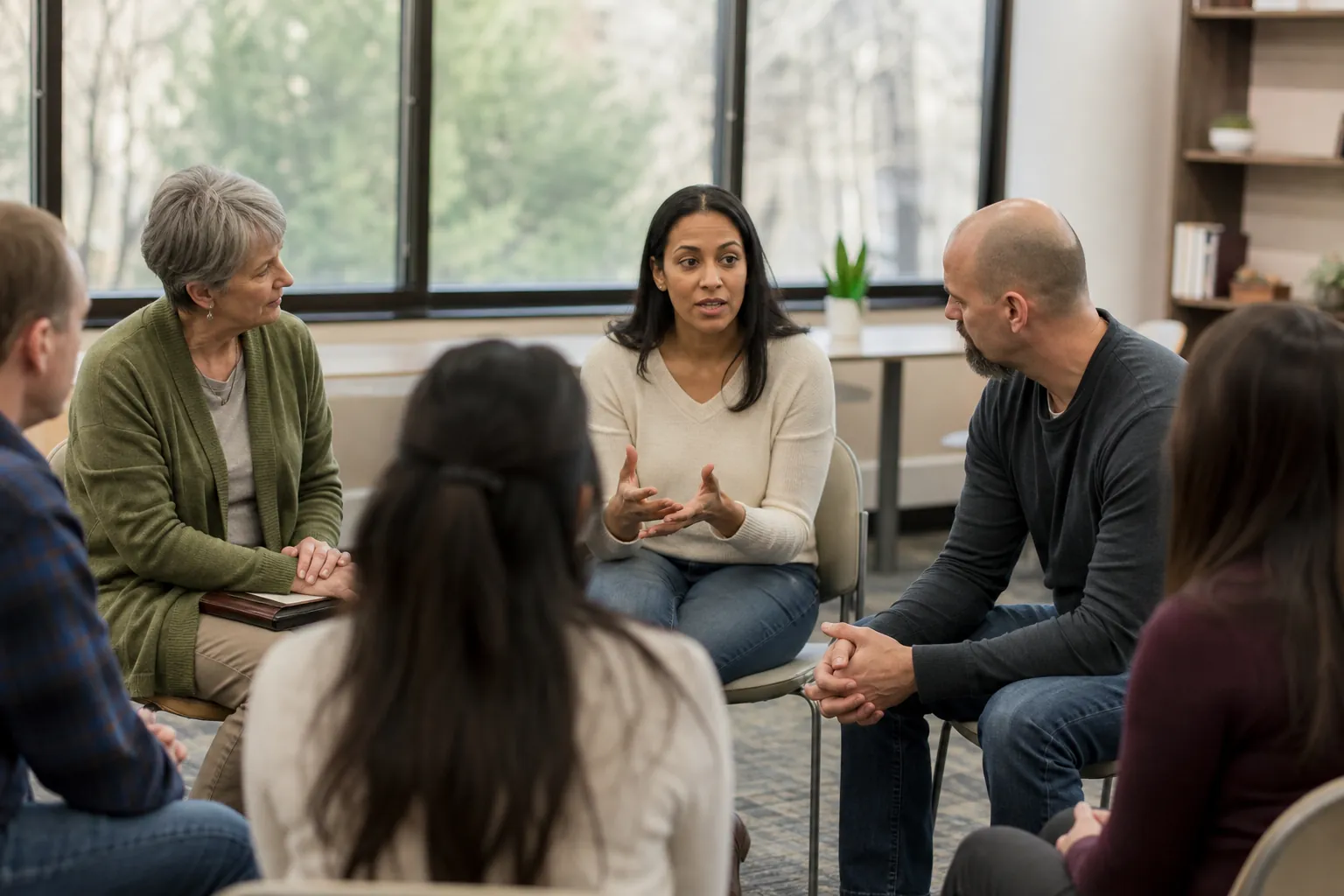 Six adults sit in a circle while the woman in the center gestures with both hands.