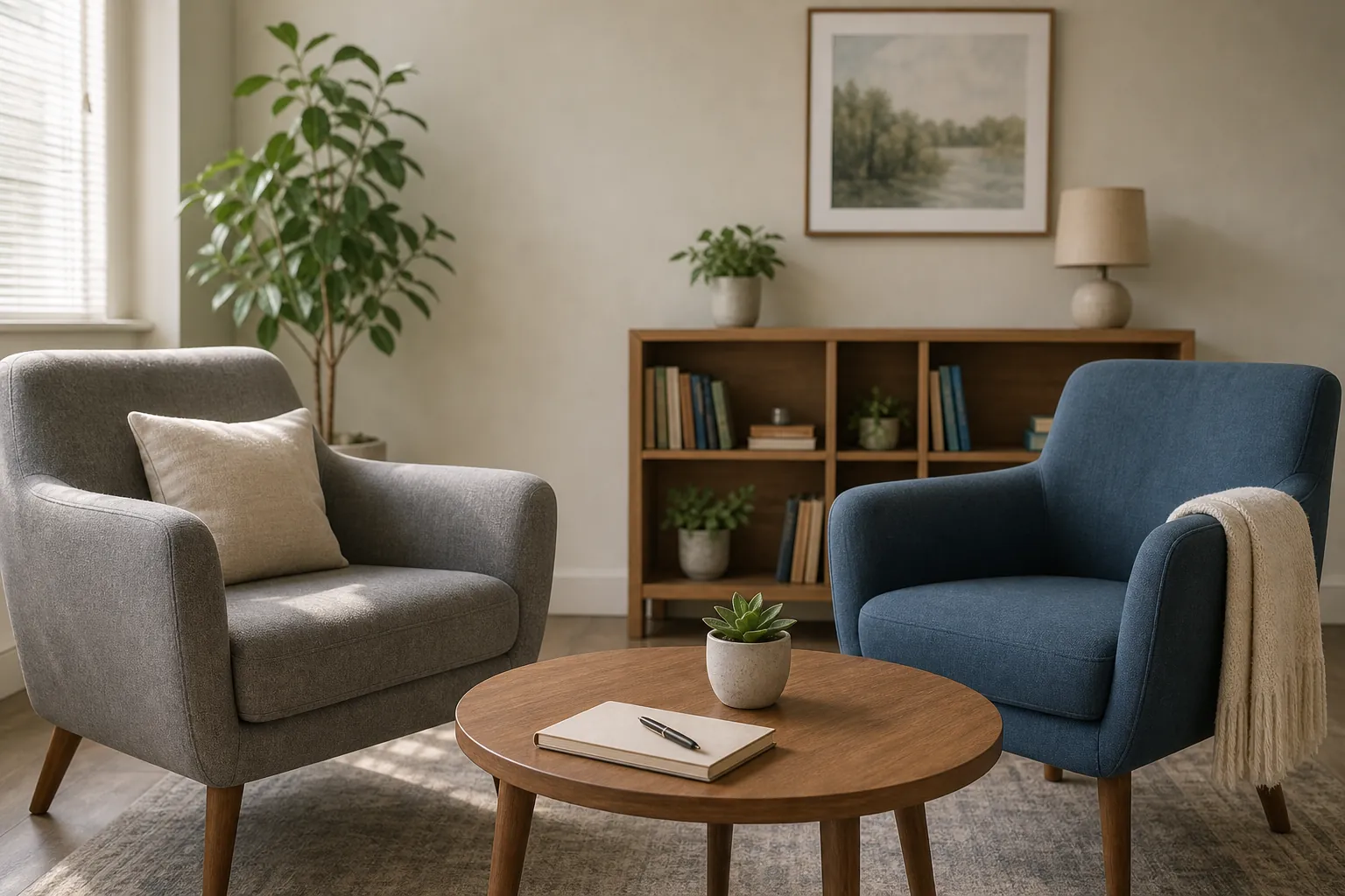 Gray and blue armchairs beside a round wooden table holding a notebook, pen, and potted succulent, with a bookshelf, plants, lamp, and framed landscape behind them.