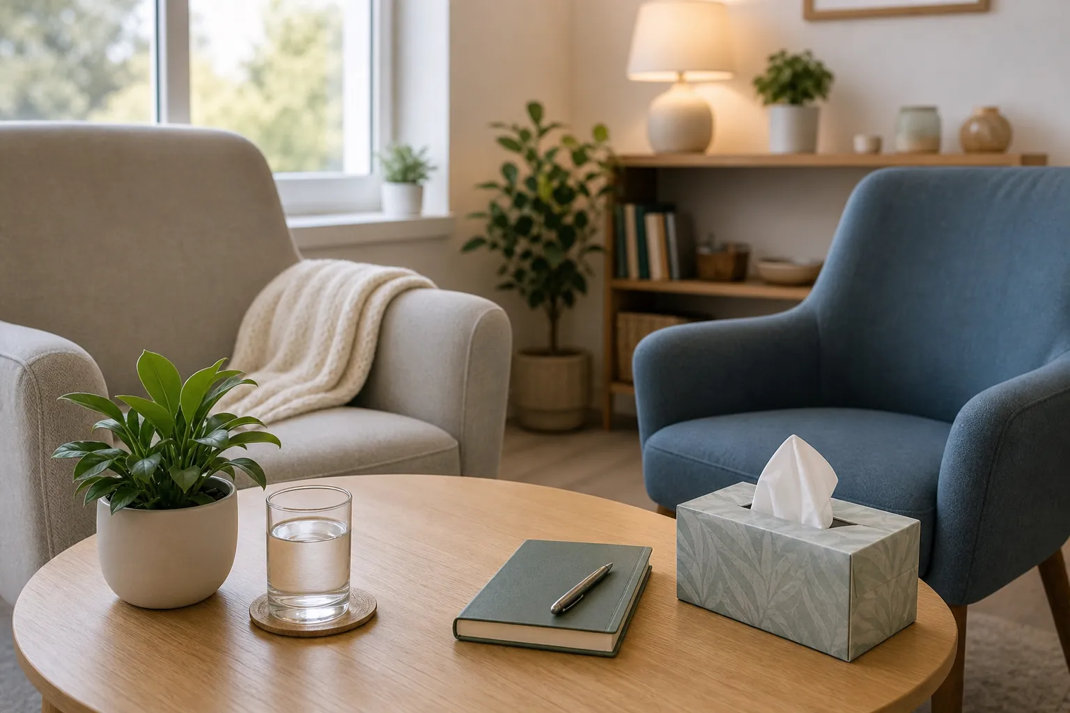 Empty beige and blue armchairs behind a wooden table holding a potted plant, water glass, notebook, pen, and tissue box.