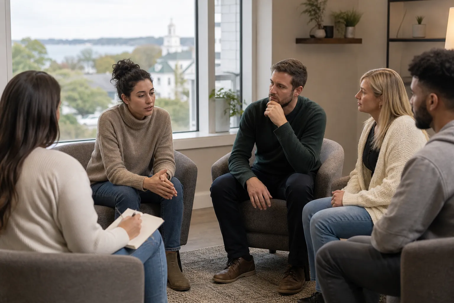 Adults Sharing in a Mental Health Group Discussion Five adults sit in a circle in a bright room, with one woman holding a notepad as another speaks during a group discussion.
