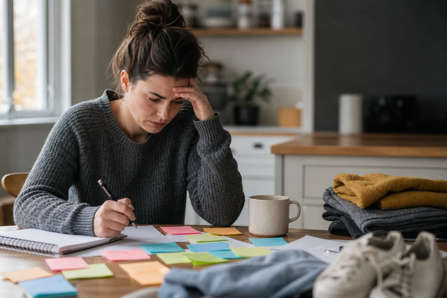 Worried Woman Planning Amid Notes and Clothing A worried woman holds a pencil over a notebook, resting her forehead on one hand beside sticky notes, folded clothes and shoes.