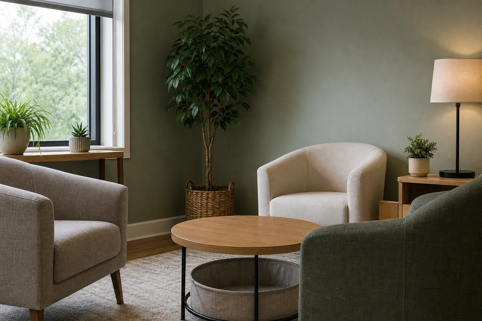 Three upholstered armchairs surround a round wooden coffee table, with potted plants, a window, a rug, and a lit table lamp.