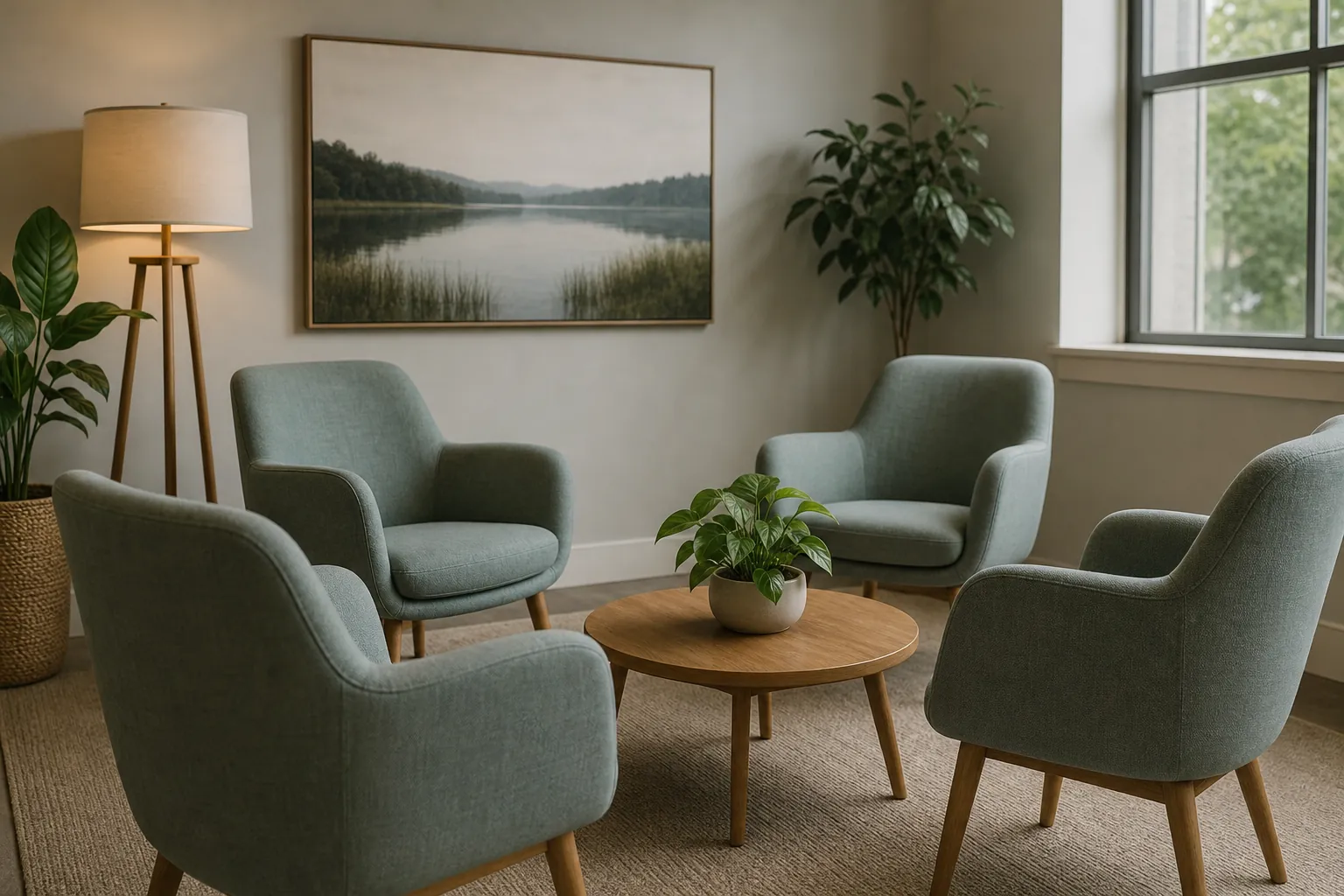 Four pale green armchairs surround a round wooden table with a potted plant, beside a floor lamp, leafy plants, a framed lake picture, and a window.