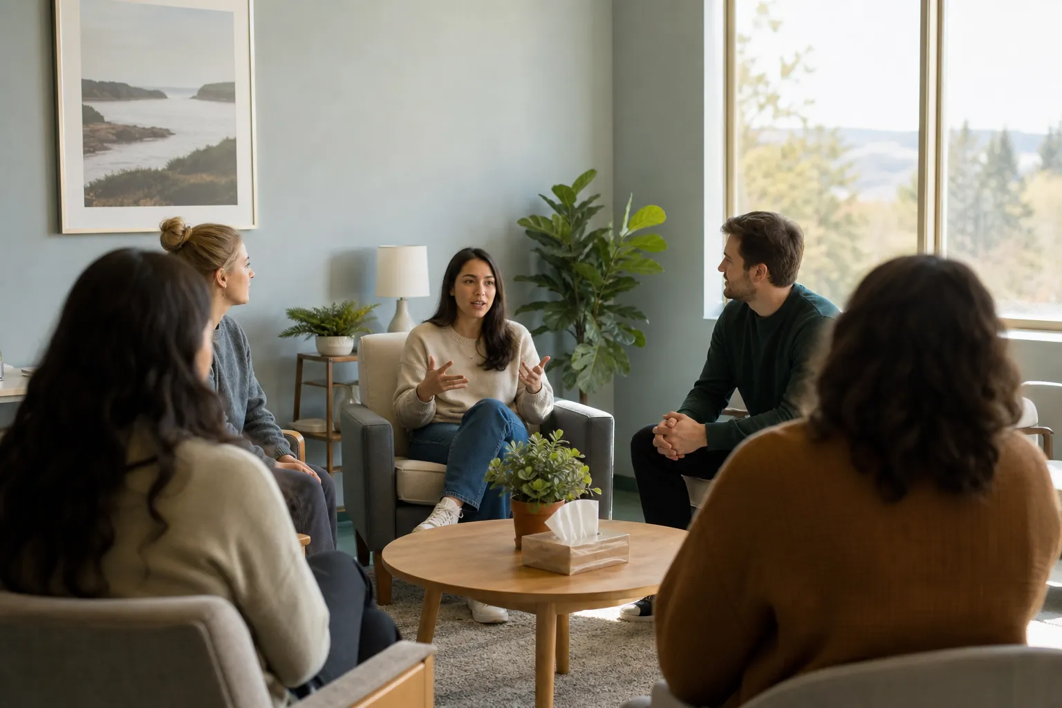 A woman gestures while four other adults sit nearby around a round table in a bright room.