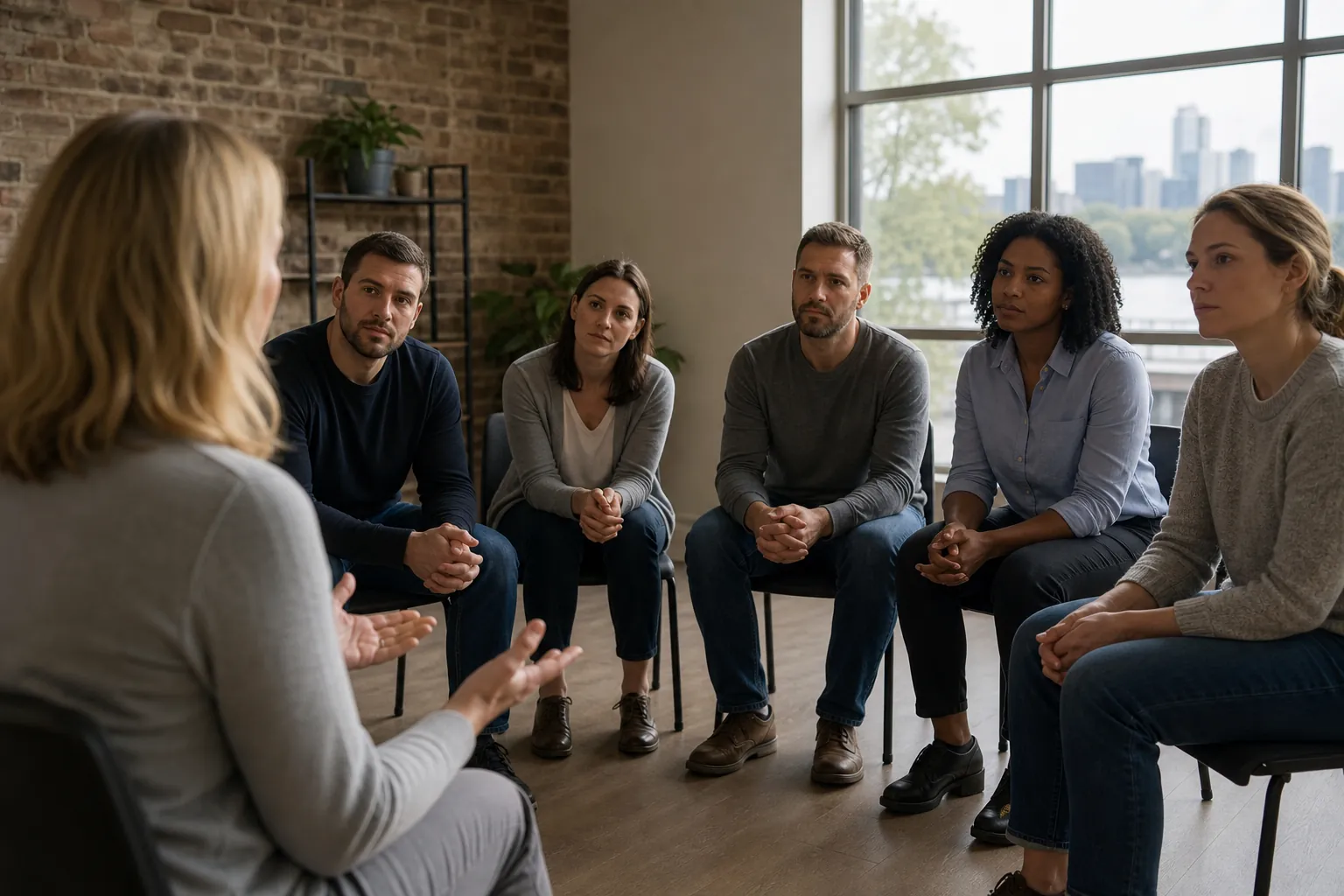 Adults Listening During a Support Group Discussion Five adults seated in a semicircle listen to a woman gesturing during a group discussion in a bright, brick-walled room.