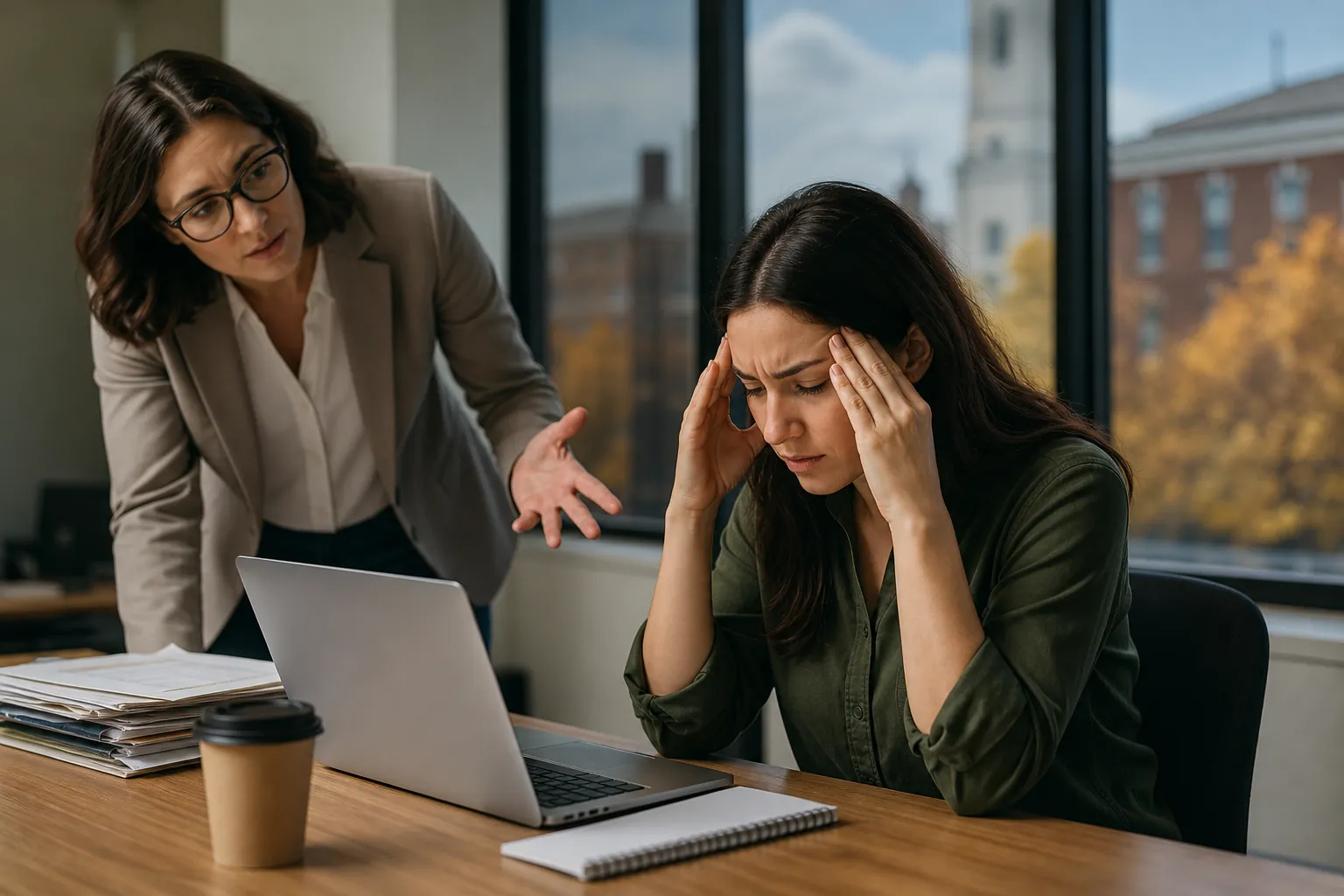 Stressed Employee During a Workplace Conversation A stressed woman holds her temples at a desk with a laptop while a standing colleague leans toward her and gestures.