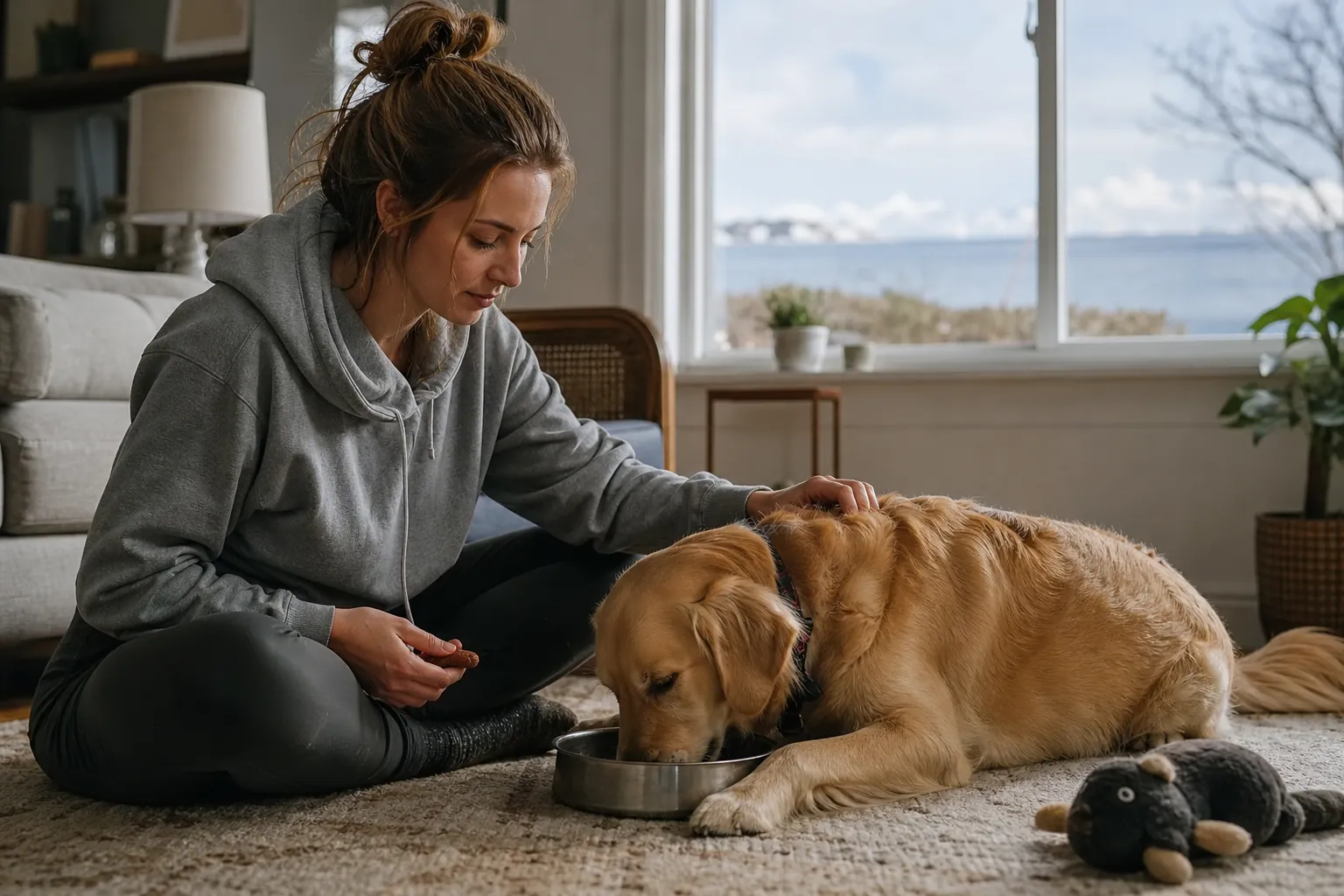 A woman seated on a living room rug pets a golden retriever eating from a metal bowl, with a plush toy nearby.