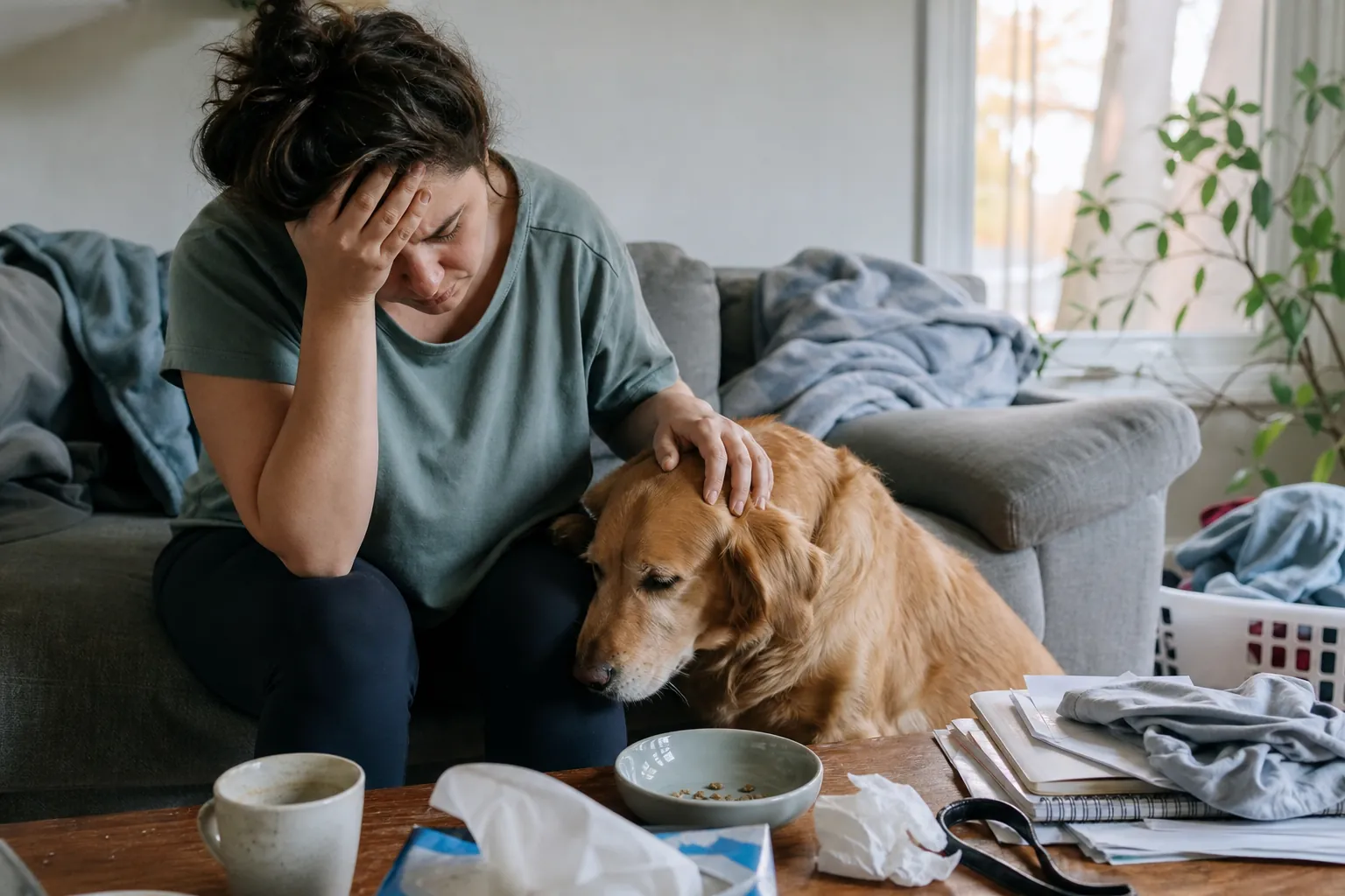 A woman sits on a couch with one hand on her forehead and the other on a golden retriever beside a cluttered coffee table.